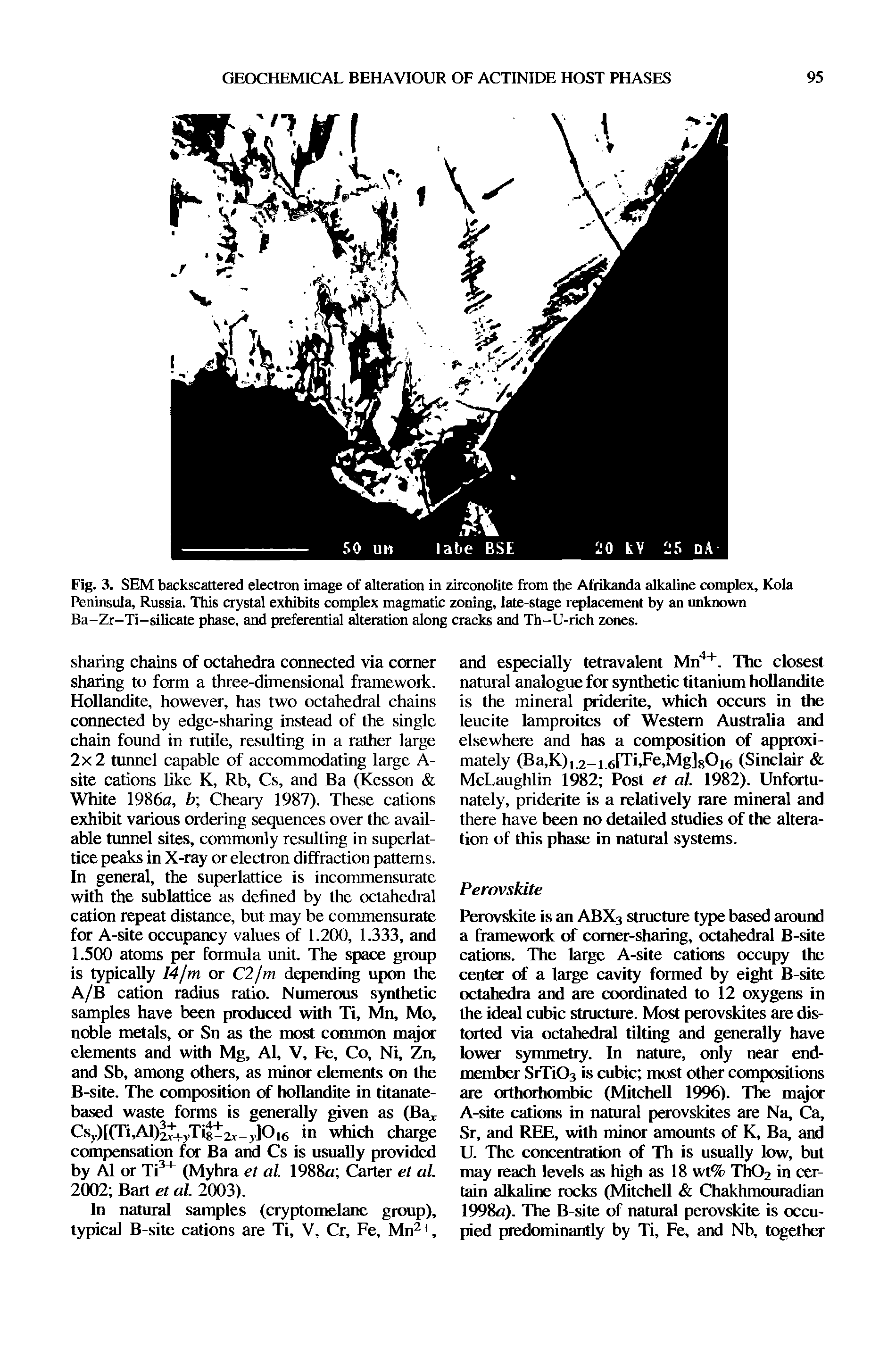 Fig. 3. SEM backscattered electron image of alteration in zirconolite from the Afrikanda alkaline complex, Kola Peninsula, Russia. This crystal exhibits complex magmatic zoning, late-stage replacement by an unknown Ba-Zr-Ti-silicate phase, and preferential alteration along cracks and Th-U-rich zones.