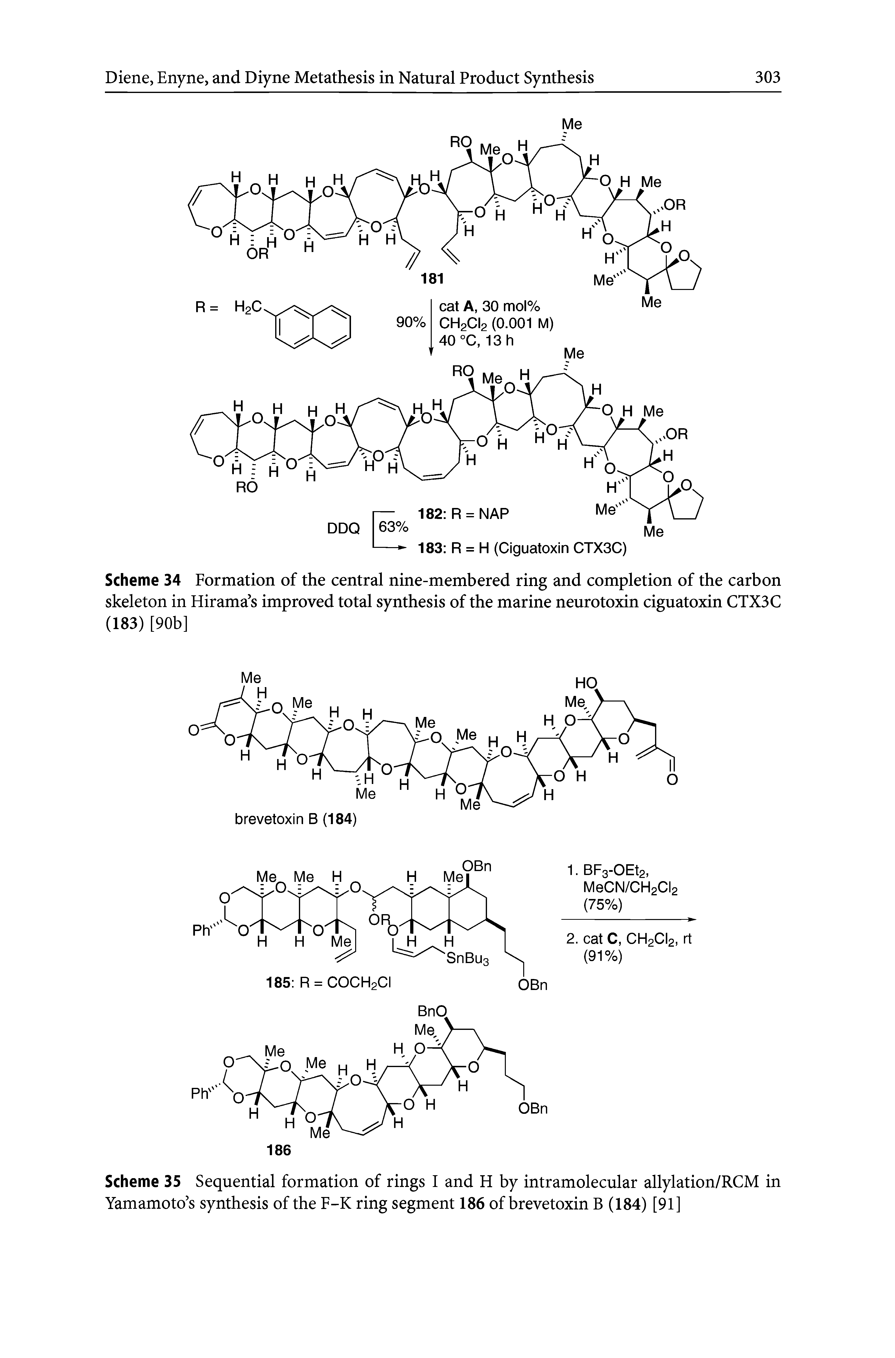 Scheme 35 Sequential formation of rings I and H by intramolecular allylation/RCM in Yamamoto s synthesis of the F-K ring segment 186 of brevetoxin B (184) [91]...