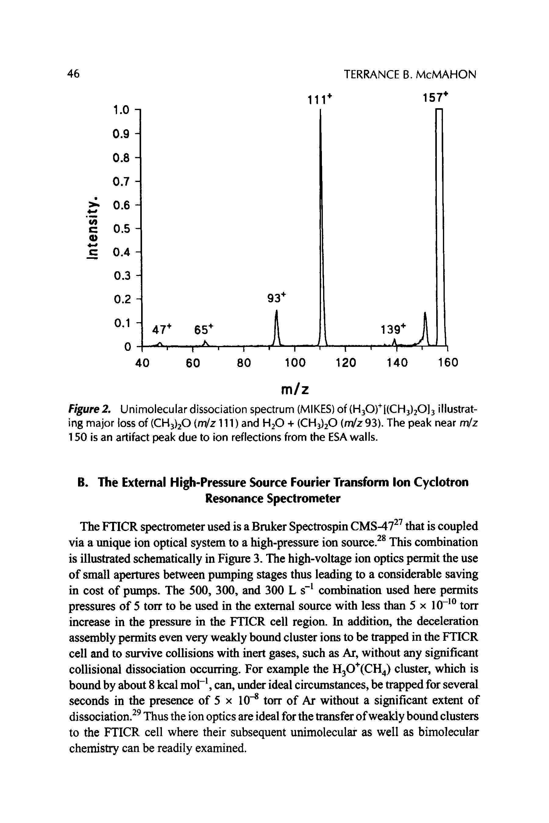 Figure2. Unimolecular dissociation spectrum (MIKES) of H30) 1(CH3)20]3 illustrating major loss of (CH3>20 m/z 111) and H2O + (043)20 (m/z 93). The peak near m/z 150 is an artifact peak due to ion reflections from the ESA walls.