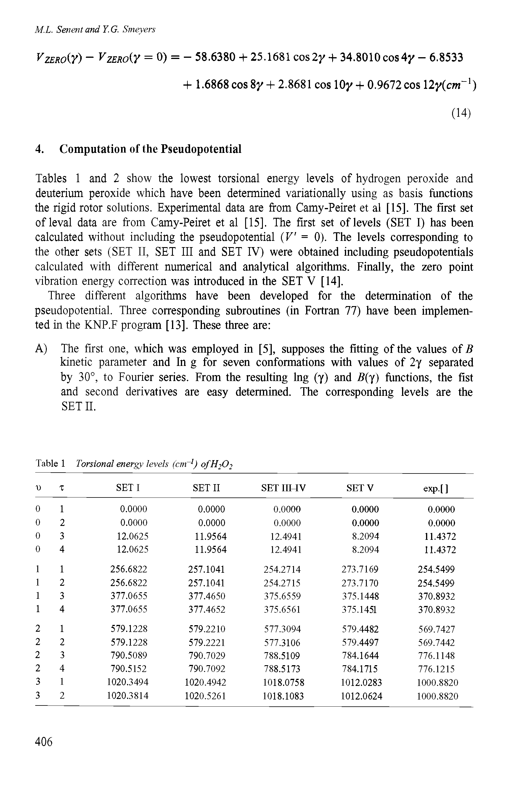 Tables 1 and 2 show the lowest torsional energy levels of hydrogen peroxide and deuterium peroxide which have been determined variationally using as basis functions the rigid rotor solutions. Experimental data are from Camy-Peiret et al [15]. The first set of leval data are from Camy-Peiret et al [15]. The first set of levels (SET I) has been calculated without including the pseudopotential V = 0). The levels corresponding to the other sets (SET II, SET III and SET IV) were obtained including pseudopotentials calculated with different numerical and analytical algorithms. Finally, the zero point vibration energy correction was introduced in the SET V [14],...