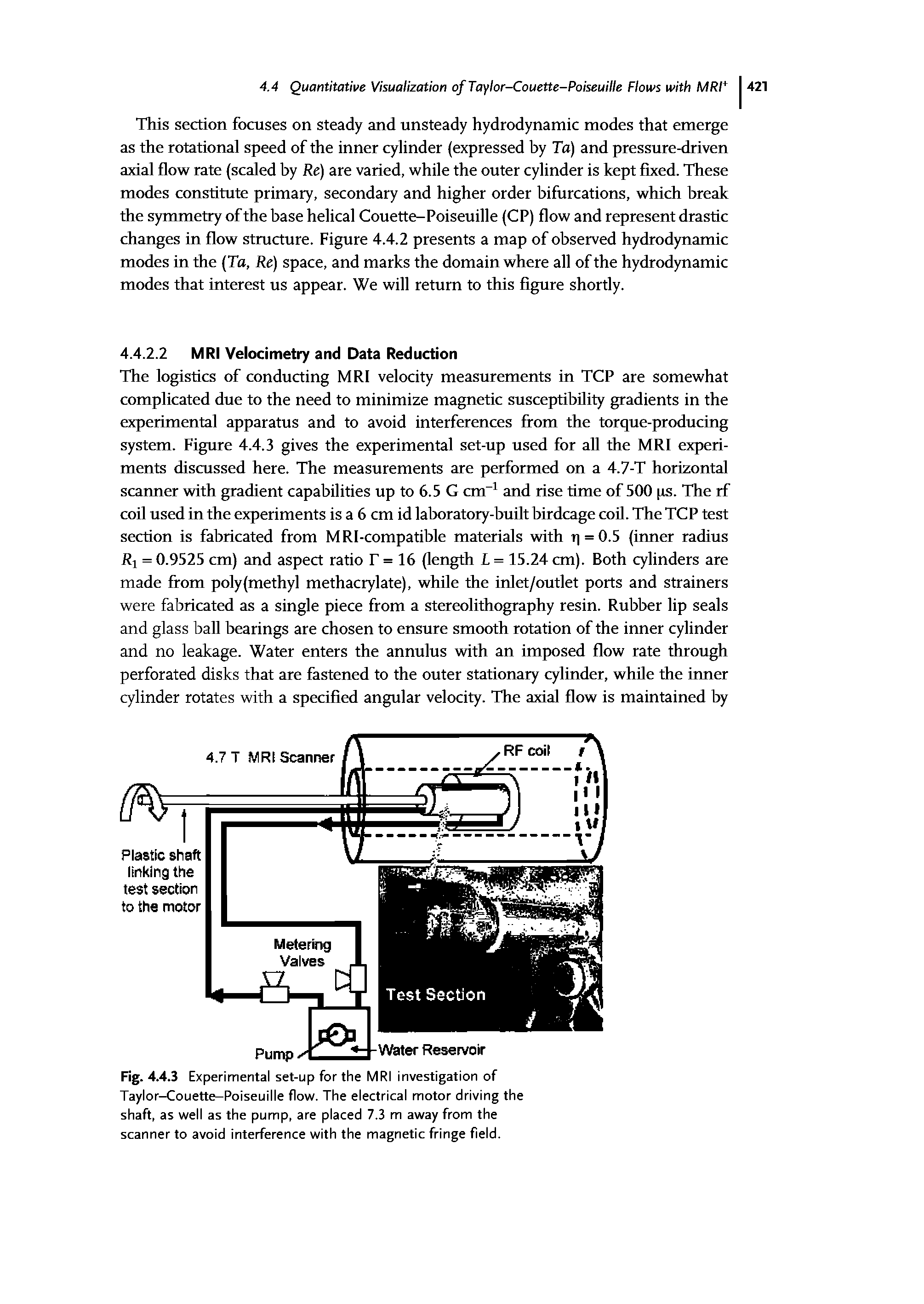 Fig. 4.4.3 Experimental set-up for the MRI investigation of Taylor-Couette-Poiseuille flow. The electrical motor driving the shaft, as well as the pump, are placed 7.3 m away from the scanner to avoid interference with the magnetic fringe field.