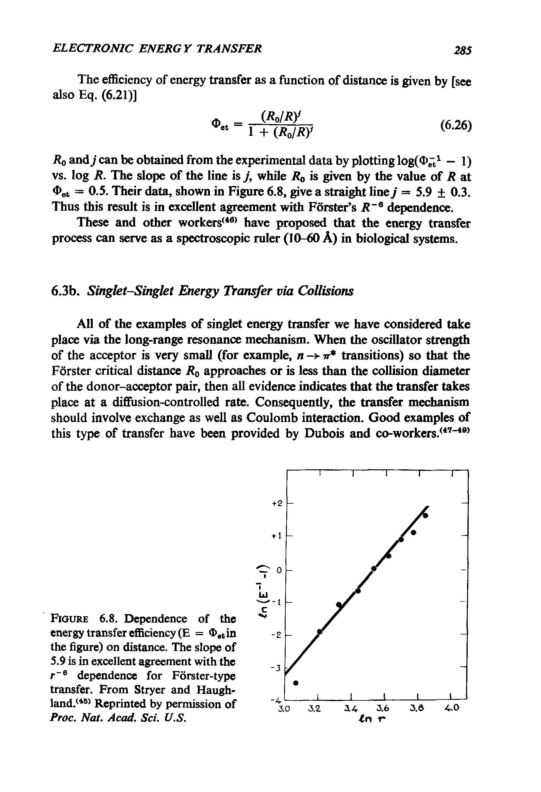 Figure 6.8. Dependence of the energy transfer efficiency (E = <t>etin the figure) on distance. The slope of 5.9 is in excellent agreement with the r e dependence for Forster-type transfer. From Stryer and Haugh-land.(45) Reprinted by permission of Proc. Nat. Acad. Sci. U.S.
