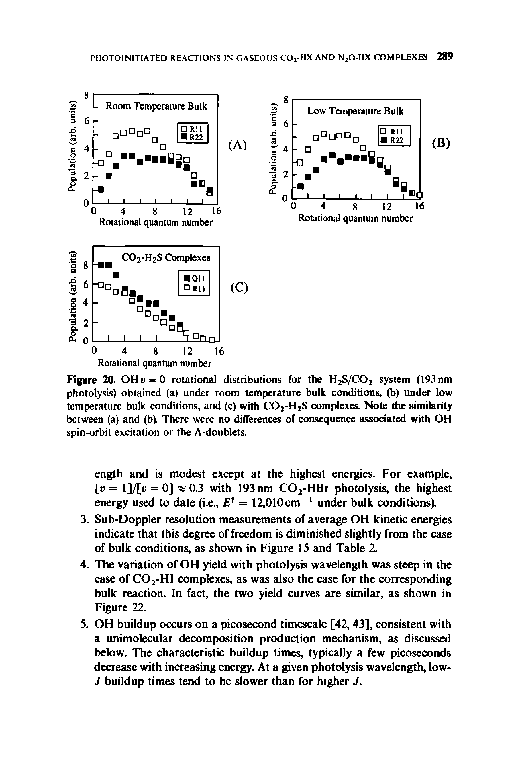 Figure 20. OHu = 0 rotational distributions for the H2S/CO2 system (193nm photolysis) obtained (a) under room temperature bulk conditions, (b) under low temperature bulk conditions, and (c) with CO2-H2S complexes. Note the similarity between (a) and (b). There were no differences of consequence associated with OH spin-orbit excitation or the A-doublets.