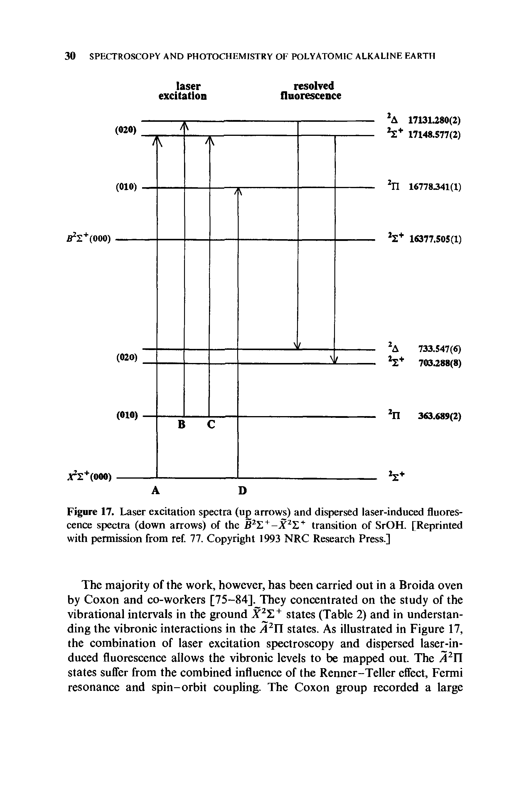 Figure 17. Laser excitation spectra (up arrows) and dispersed laser-induced fluorescence spectra (down arrows) of the B21.+-X2I.+ transition of SrOH. [Reprinted with permission from ref. 77. Copyright 1993 NRC Research Press.]...