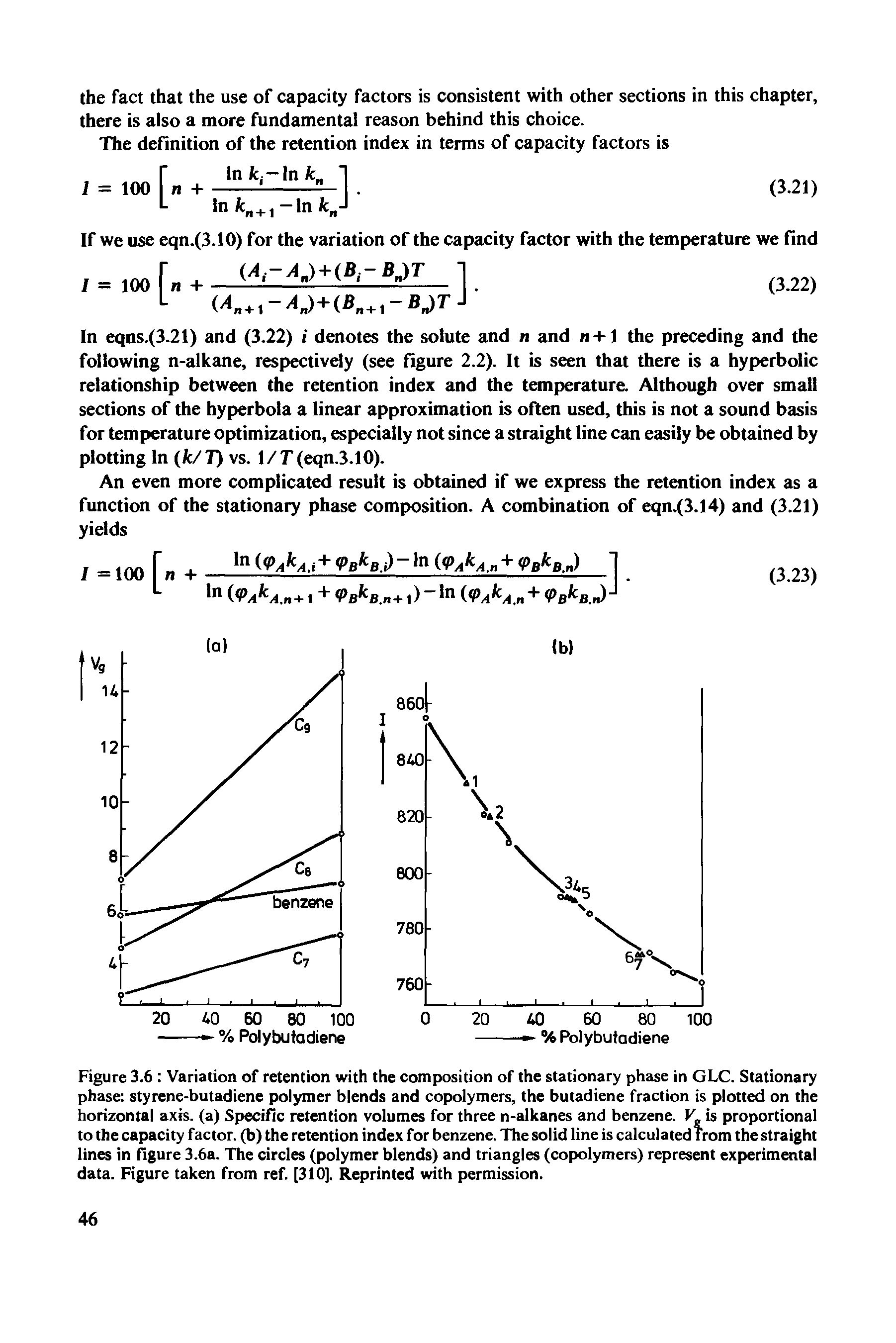 Figure 3.6 Variation of retention with the composition of the stationary phase in GLC. Stationary phase styrene-butadiene polymer blends and copolymers, the butadiene fraction is plotted on the horizontal axis, (a) Specific retention volumes for three n-alkanes and benzene. V is proportional to the capacity factor, (b) the retention index for benzene. The solid line is calculated from the straight lines in figure 3.6a. The circles (polymer blends) and triangles (copolymers) represent experimental data. Figure taken from ref. [310], Reprinted with permission.