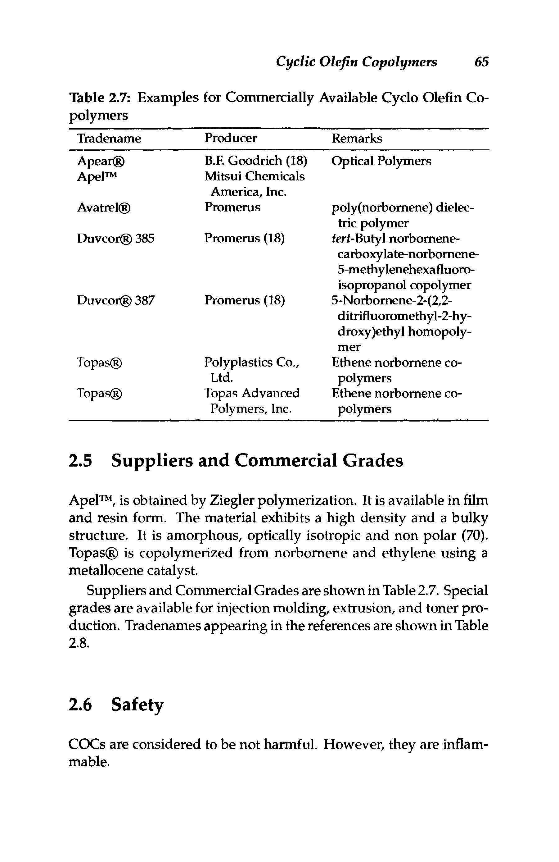 Table 2.7 Examples for Commercially Available Cyclo Olefin Copolymers...