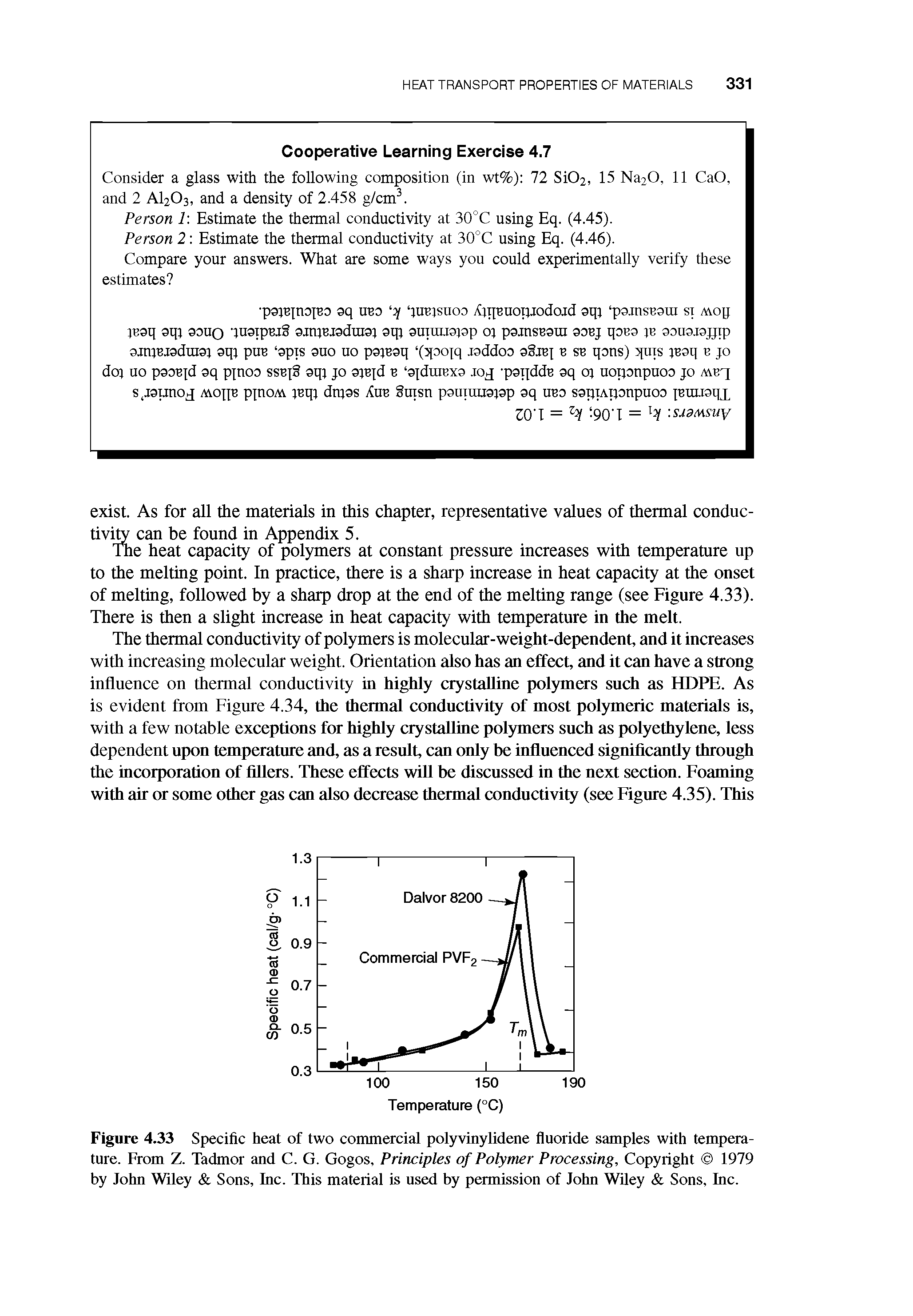 Figure 4.33 Specific heat of two commercial polyvinylidene fluoride samples with temperature. From Z. Tadmor and C. G. Gogos, Principles of Polymer Processing, Copyright 1979 by John Wiley Sons, Inc. This material is nsed by permission of John WUey Sons, Inc.