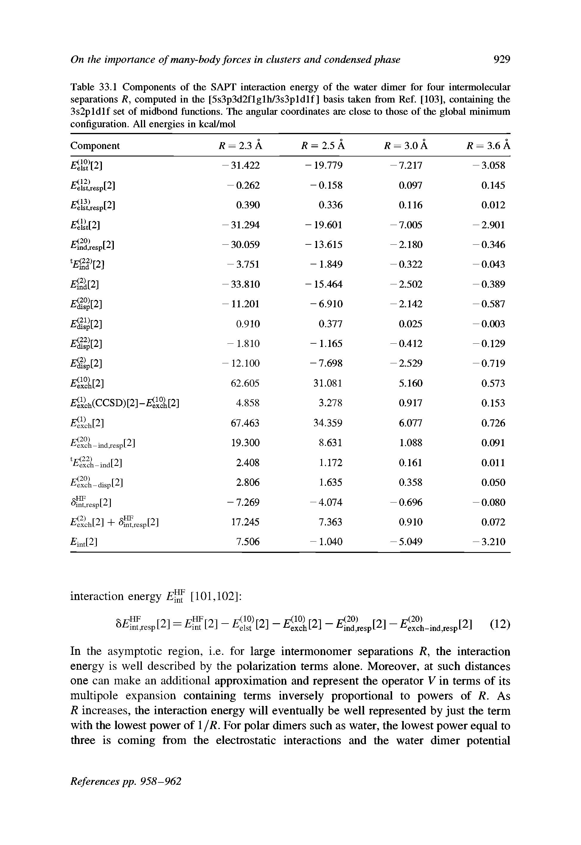 Table 33.1 Components of the SAPT interaction energy of the water dimer for four intermolecular separations R, computed in the [5s3p3d2flglh/3s3pldlf ] basis taken from Ref. [103], containing the 3s2pldlf set of midbond functions. The angular coordinates are close to those of the global minimum configuration. All energies in kcal/mol...