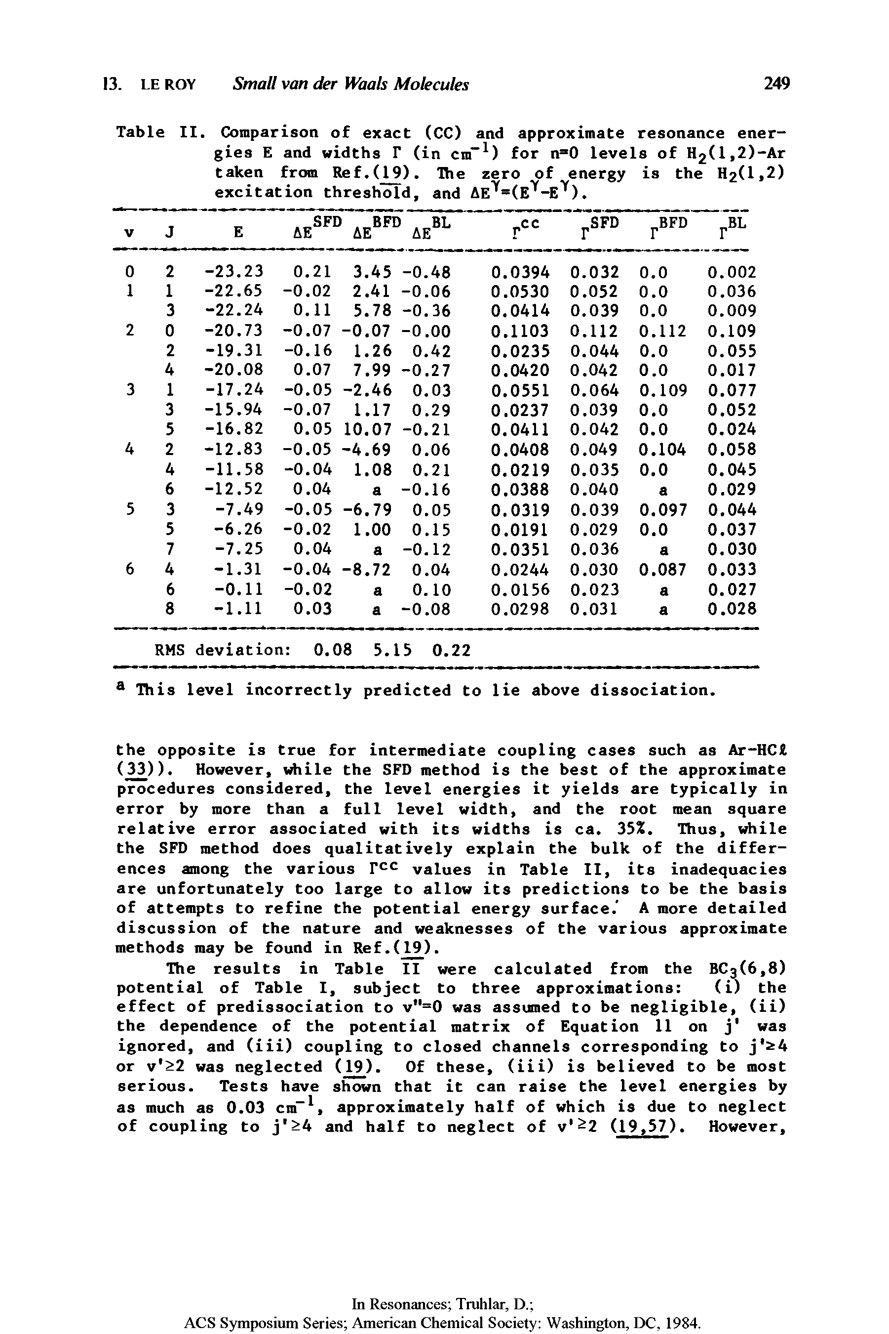 Table II. Comparison of exact (CC) and approximate resonance energies E and widths T (in cm ) for n 0 levels of H2(l,2)-Ar taken from Ref. (19). The zero of energy is the H2(li2) excitation threshold, and AE =(e" -e ).