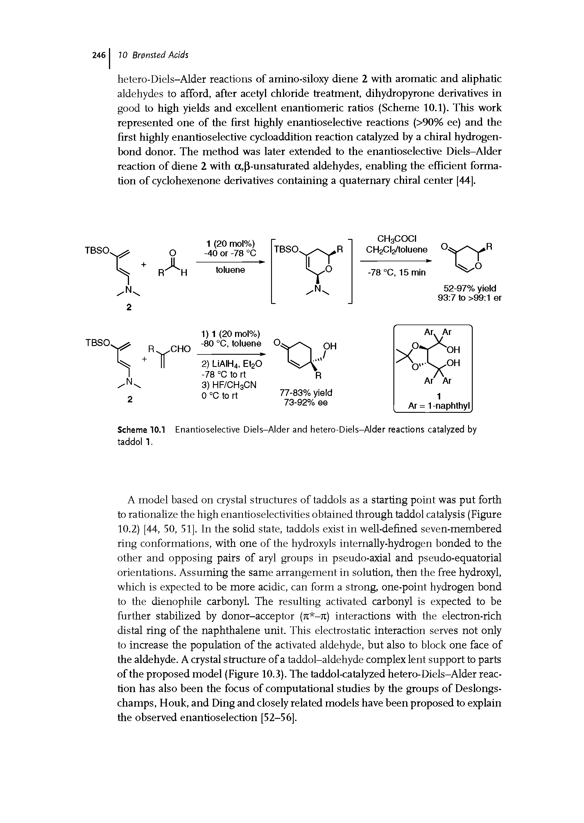 Scheme 10.1 Enantioselective Diels-Alder and hetero-Diels-Alder reactions catalyzed by taddol 1.
