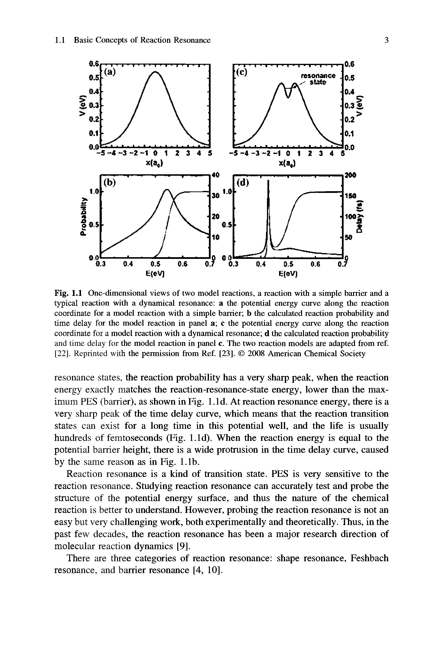 Fig. 1.1 One-dimensional views of two model reactions, a reaction with a simple barrier and a typical reaction with a dynamical resonance a the potential energy curve along the reaction coordinate for a model reaction with a simple barrier b the calculated reaction probability and time delay for the model reaction in panel a c the potential energy curve along the reaction coordinate for a model reaction with a dynamical resonance d the calculated reaction probability and time delay for the model reaction in panel c. The two reaction models are adapted from ref. [22], Reprinted with the permission from Ref. [23]. 2008 American Chemical Society...