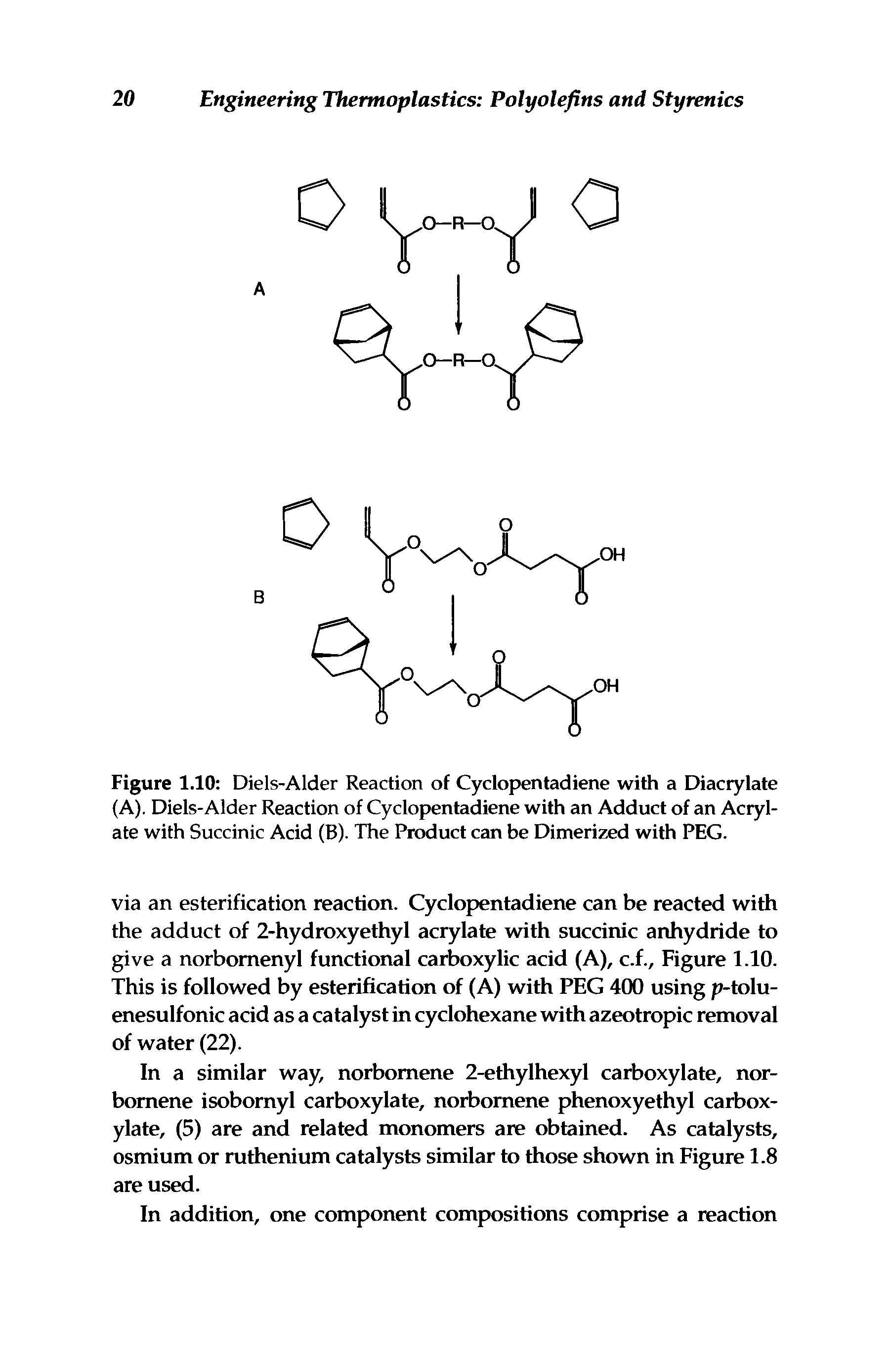 Figure 1.10 Diels-Alder Reaction of Cyclopentadiene with a Diacrylate (A). Diels-Alder Reaction of Cyclopentadiene with an Adduct of an Acrylate with Succinic Acid (B). The Product can be Dimerized with PEG.