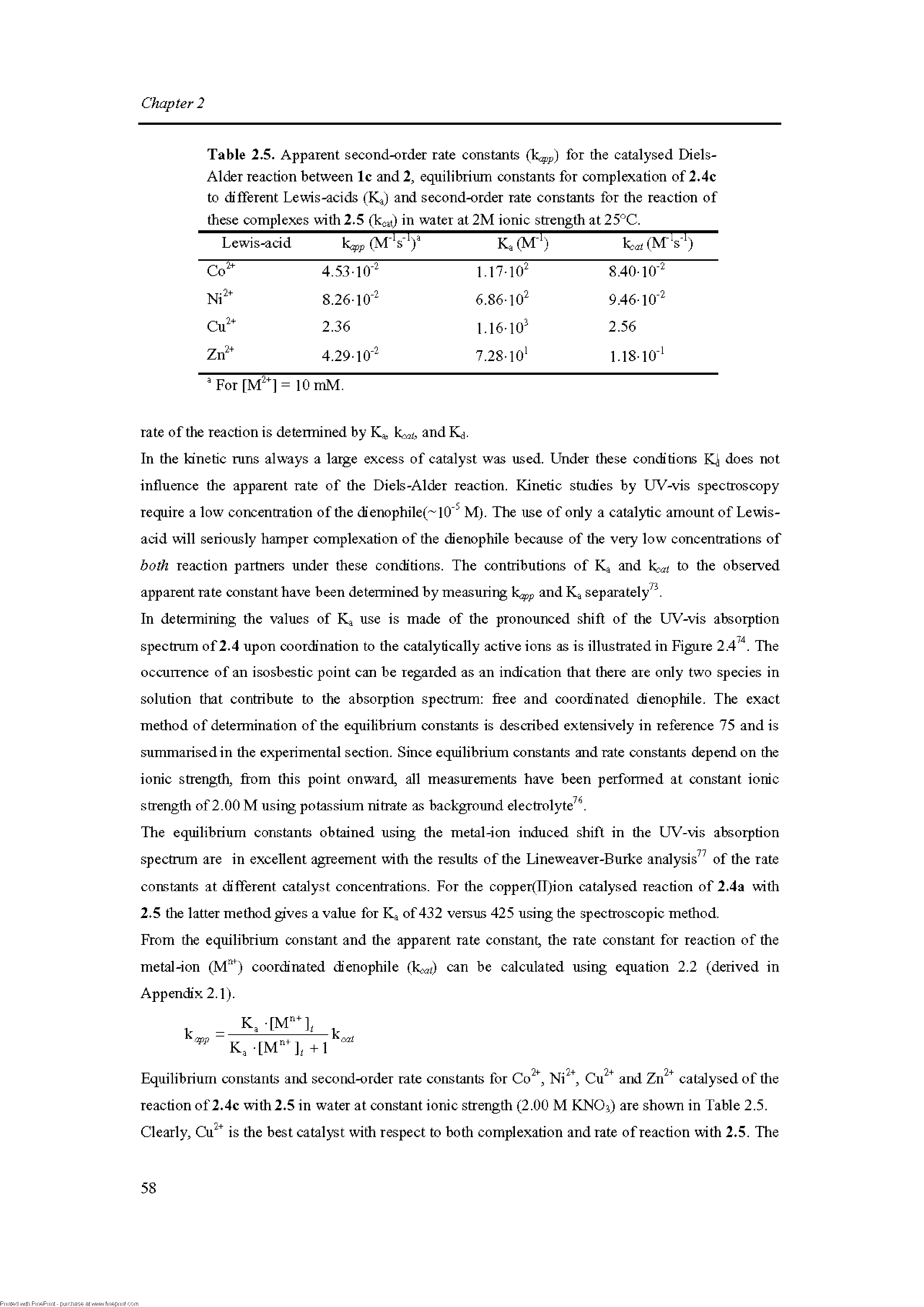 Table 2.5. Apparent second-order rate constants for the catalysed Diels-Alder reaction between Ic and 2, equilibrinm constants for complexation of 2.4c to different Lewis-acids (Kj) and second-order rate constants for the reaction of these complexes with 2.5 (k at) in water at 2M ionic strength at 25°C.