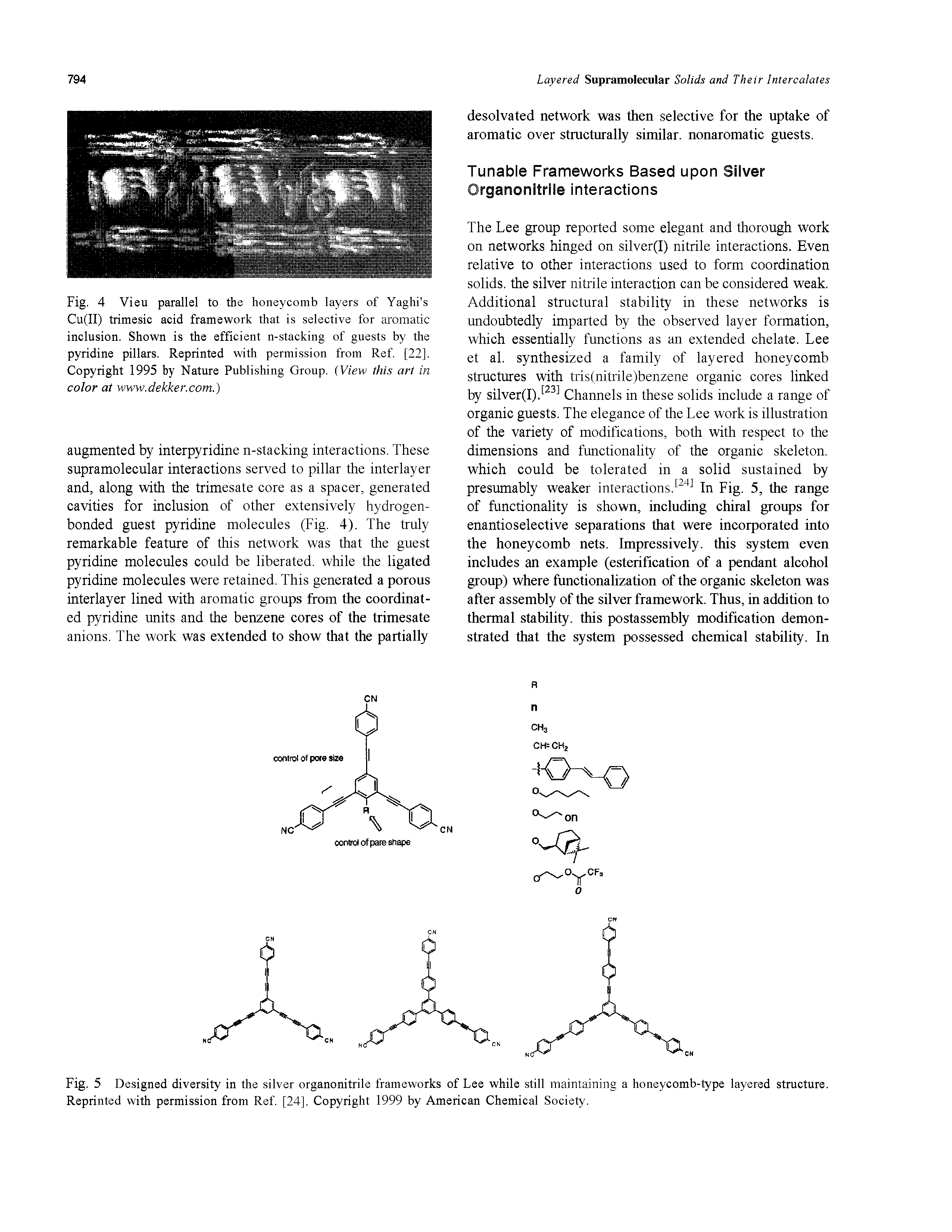 Fig. 5 Designed diversity in the silver organonitrile frameworks of Lee while still maintaining a honeycomb-type layered structure. Reprinted with permission from Ref [24]. Copyright 1999 by American Chemical Society.