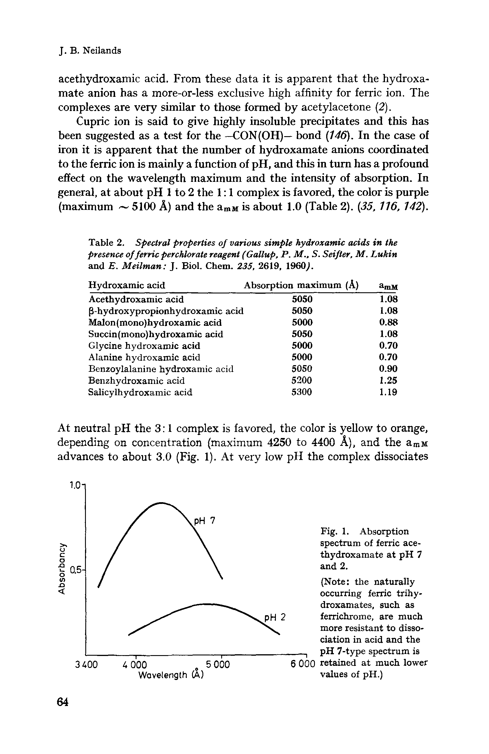 Table 2. Spectral properties of various simple hydroxamic acids in the presence of ferric perchlorate reagent (Gallup, P. M S. Seifter, M. Lukin and E. Meilman J. Biol. Chem. 235, 2619, I960).