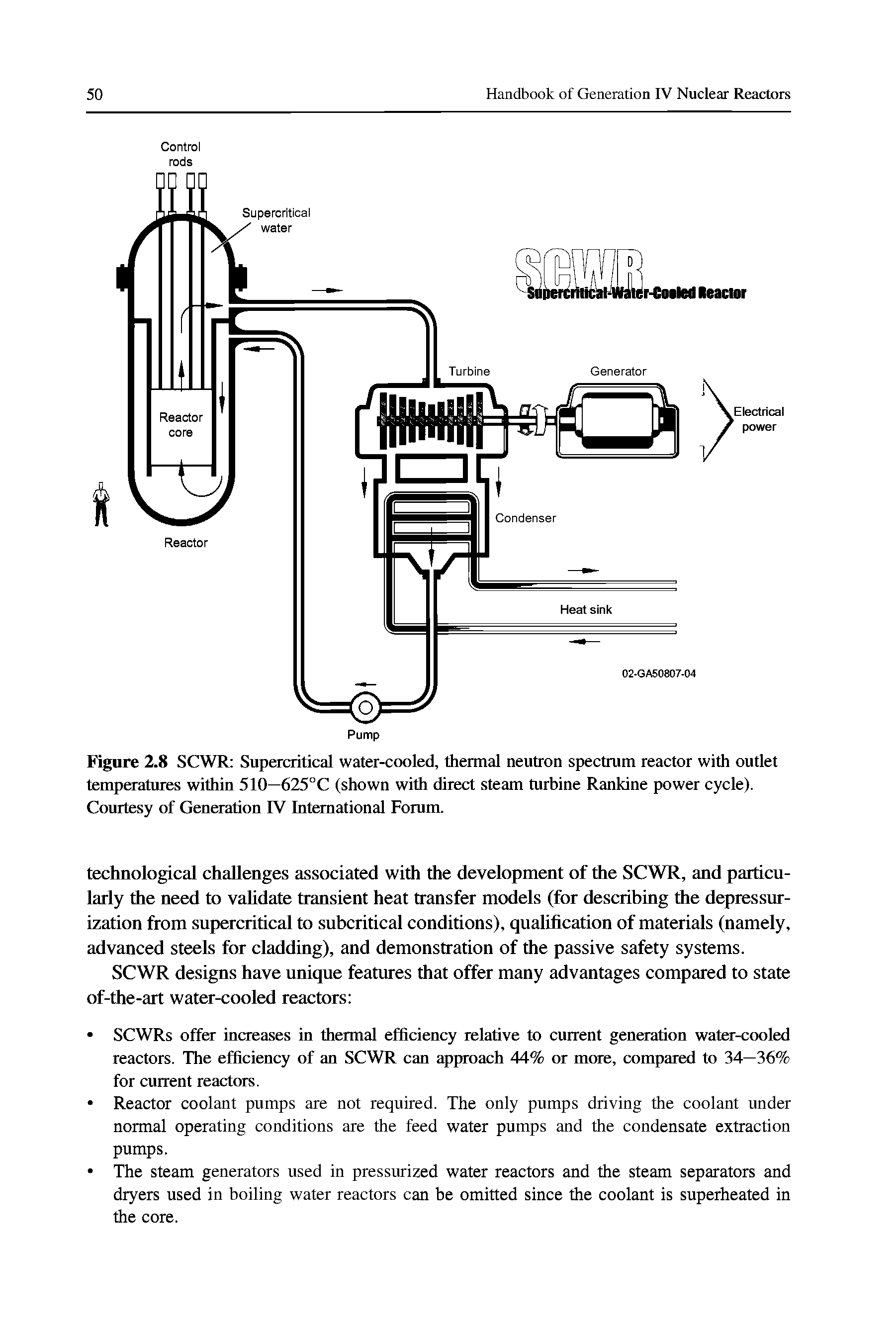 Figure 2.8 SCWR Supercritical water-cooled, thermal neutron spectrum reactor with outlet temperatures within 510—625°C (shown with direct steam turbine Rankine power cycle). Courtesy of Generation IV International Forum.