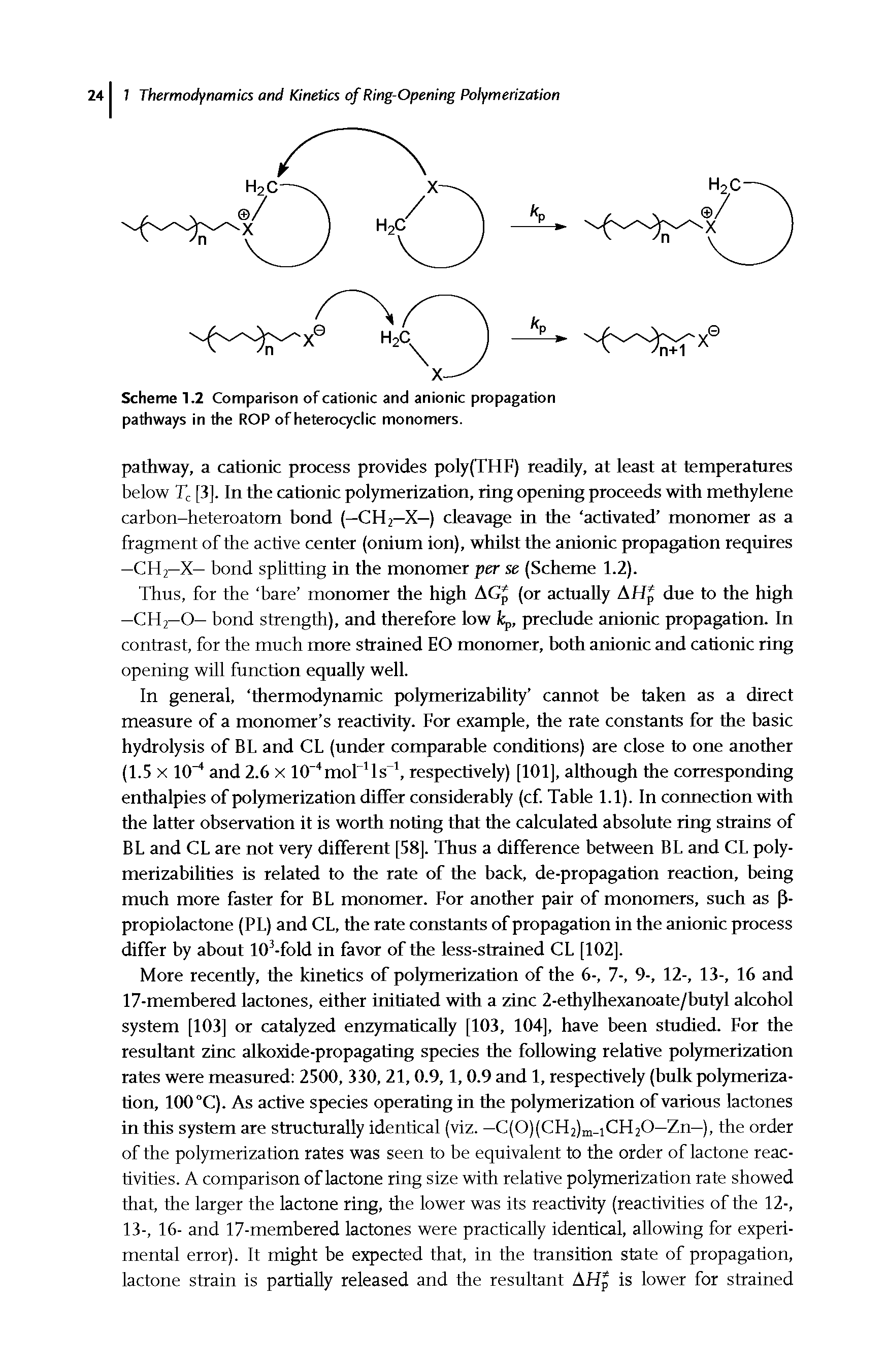 Scheme 1.2 Comparison of cationic and anionic propagation pathways in the ROP of heterocyclic monomers.