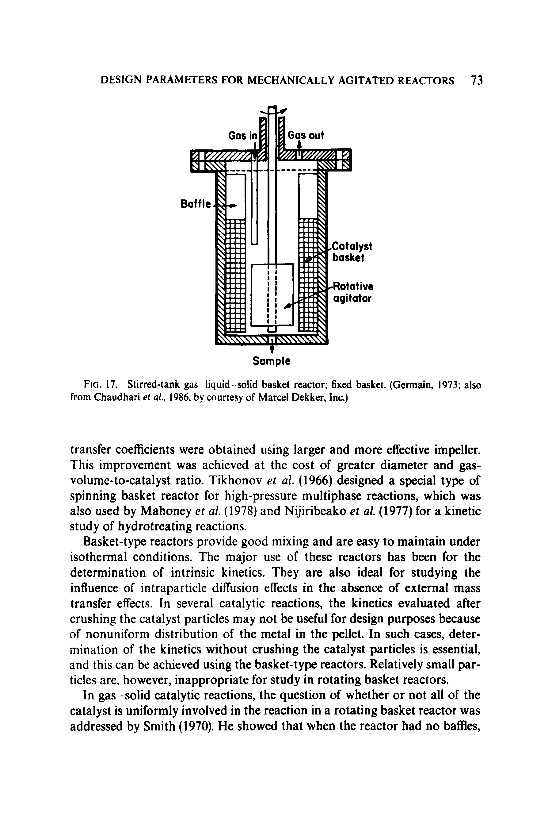 Fig. 17. Stirred-tank gas-liquid-solid basket reactor fixed basket. (Germain, 1973 also from Chaudhari et al., 1986, by courtesy of Marcel Dekker, Inc.)...