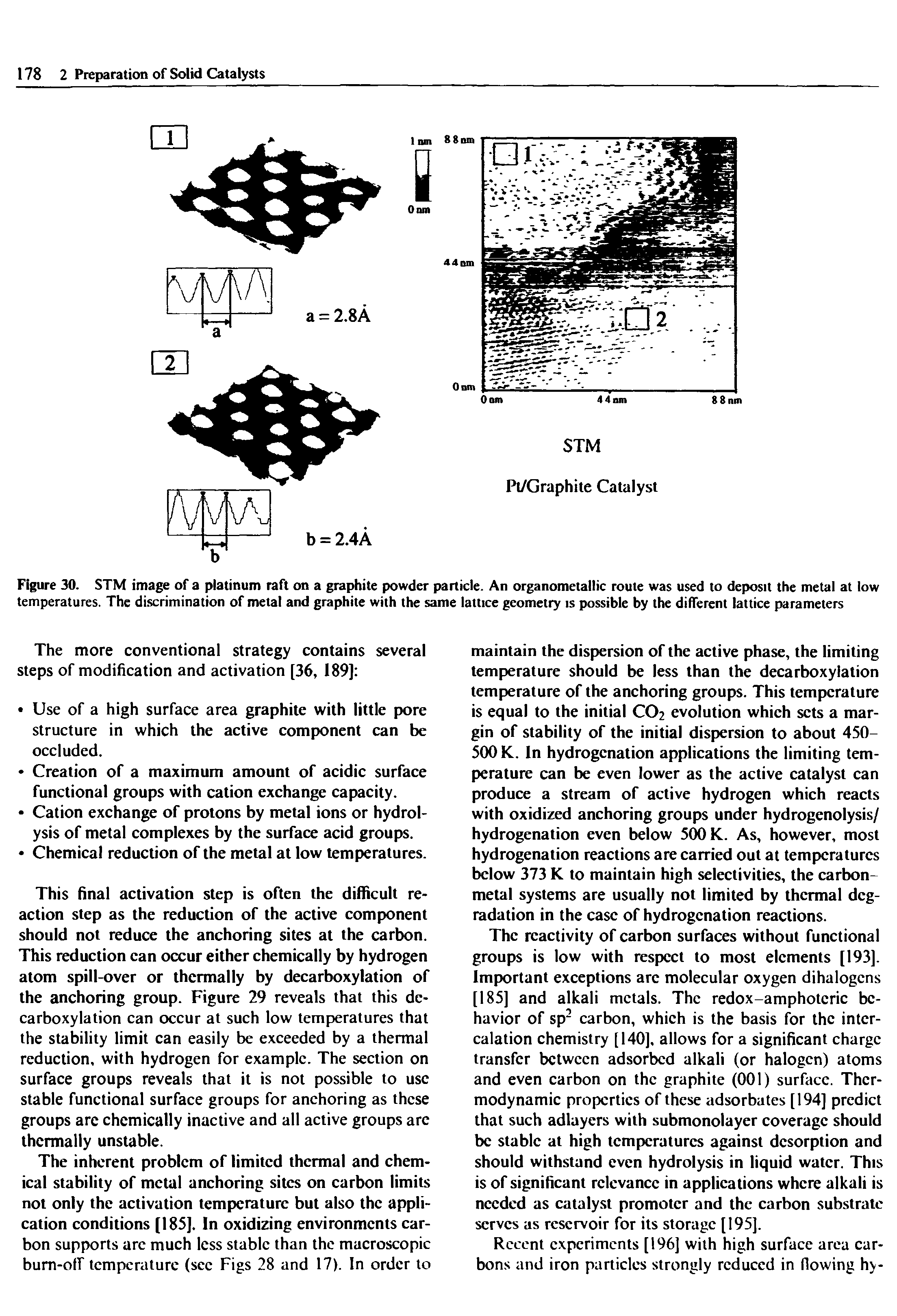 Figure 30. STM image of a platinum raft on a graphite powder particle. An organometallic route was used to deposit the metal at low temperatures. The discrimination of metal and graphite with the same lattice geometry is possible by the different lattice parameters...