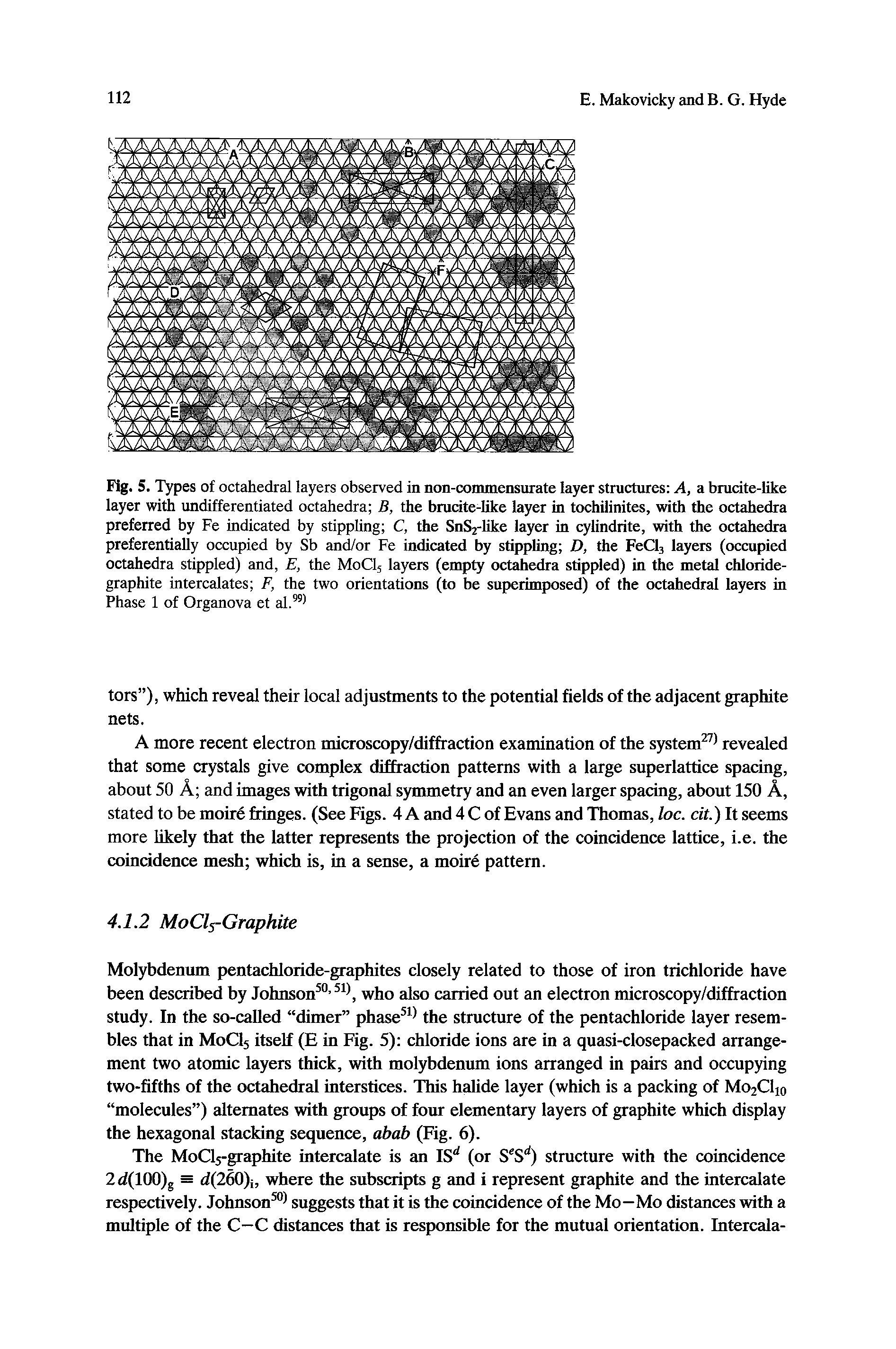 Fig. S. Types of octahedral layers observed in non-commensurate layer structures A, a brucite-like layer with undifferentiated octahedra B, the brudte-Uke layer in tochilinites, with the octahedra preferred by Fe indicated by stippling C, the SnS2-like layer in cylindrite, with the octahedra preferentially occupied by Sb and/or Fe indicated by stippling D, the FeCls layers (occupied octahedra stippled) and, E, the M0CI5 layers (empty octahedra stippled) in the metal chloride-graphite intercalates F, the two orientations (to be superimposed) of the octahedral layers in Phase 1 of Organova et al. ...
