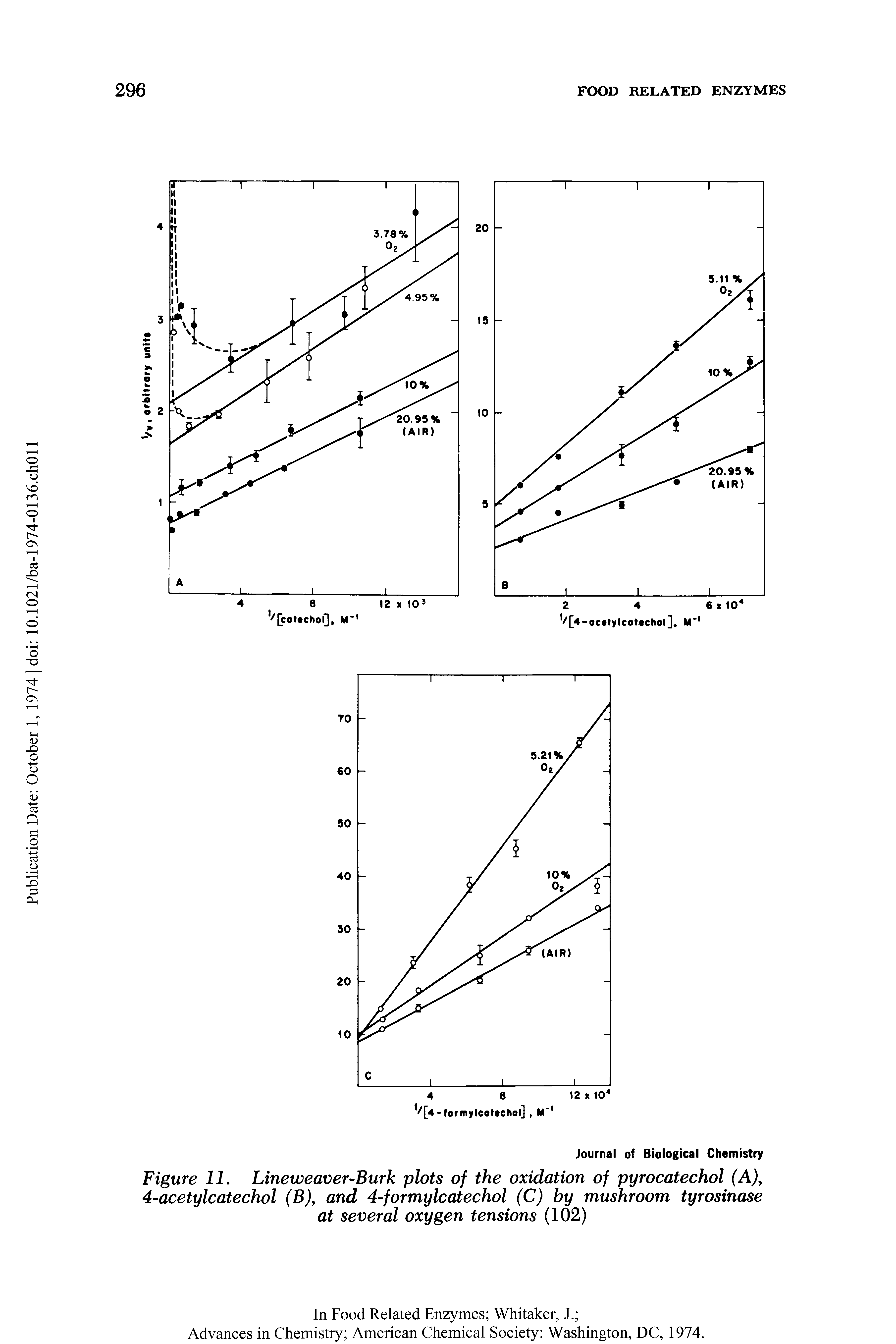 Figure 11. Lineweaver-Burk plots of the oxidation of pyrocatechol (A), 4-acetylcatechol (B), and 4-formylcatechol (C) by mushroom tyrosinase at several oxygen tensions (102)...