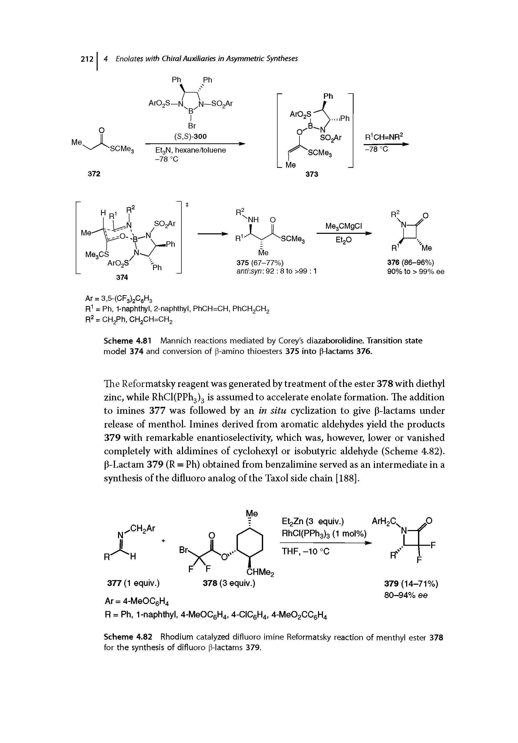 Scheme 4.82 Rhodium catalyzed difluoro imine Reformatsky reaction of menthyl ester 378 for the synthesis of difluoro p-lactams 379.