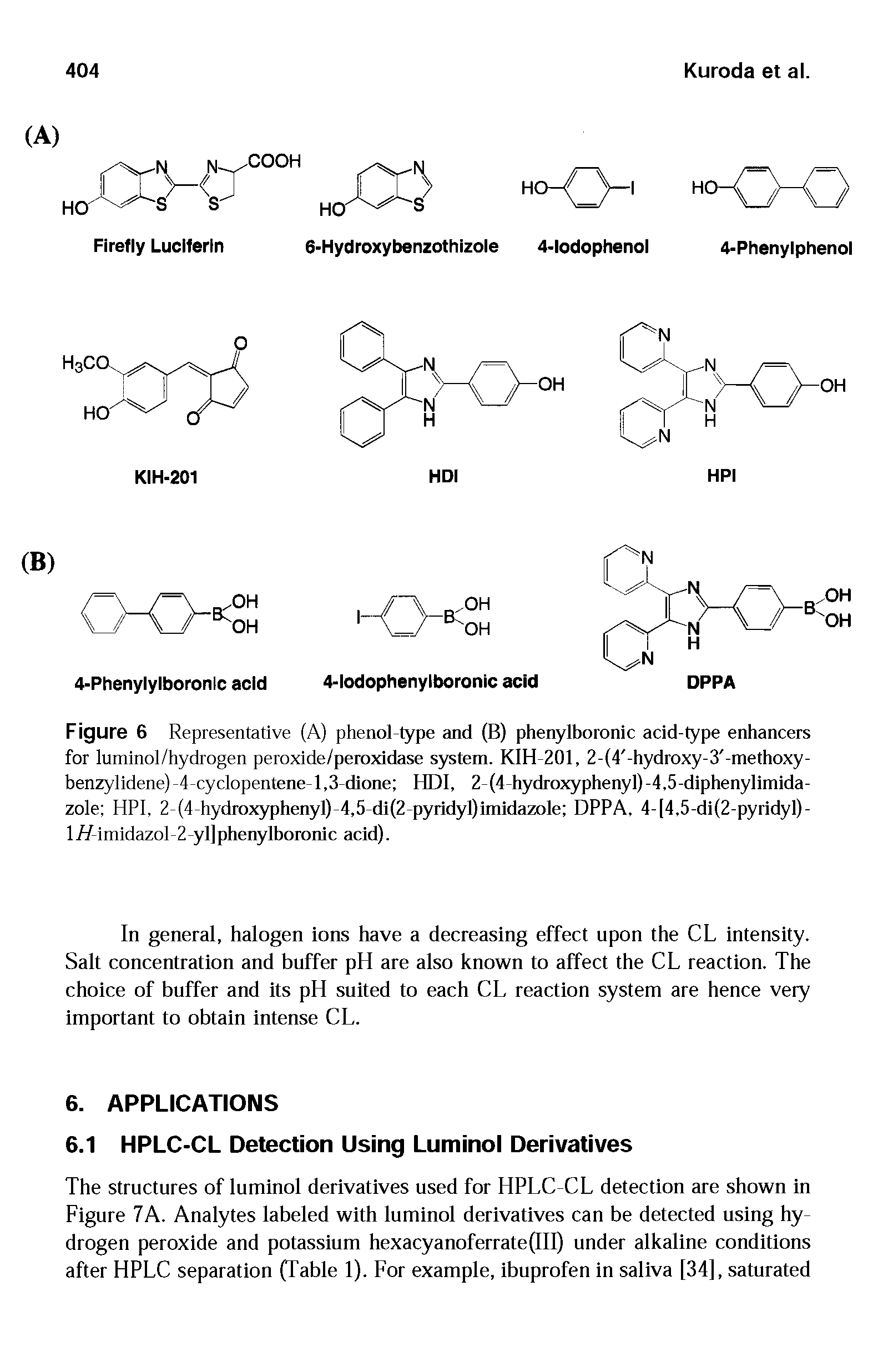 Figure 6 Representative (A) phenol-type and (B) phenylboronic acid-type enhancers for luminol/hydrogen peroxide/peroxidase system. KIH-201, 2-(4 -hydroxy-3 -methoxy-benzylidene)-4-cyclopentene-l,3-dione HDI, 2-(4-hydroxyphenyl)-4,5-diphenylimida-zole HPI, 2-(4-hydroxyphenyl)-4,5-di(2-pyridyl)imidazole DPPA, 4-[4,5-di(2-pyridyl)-1 //iruidazol 2 yl phenylboronic acid).