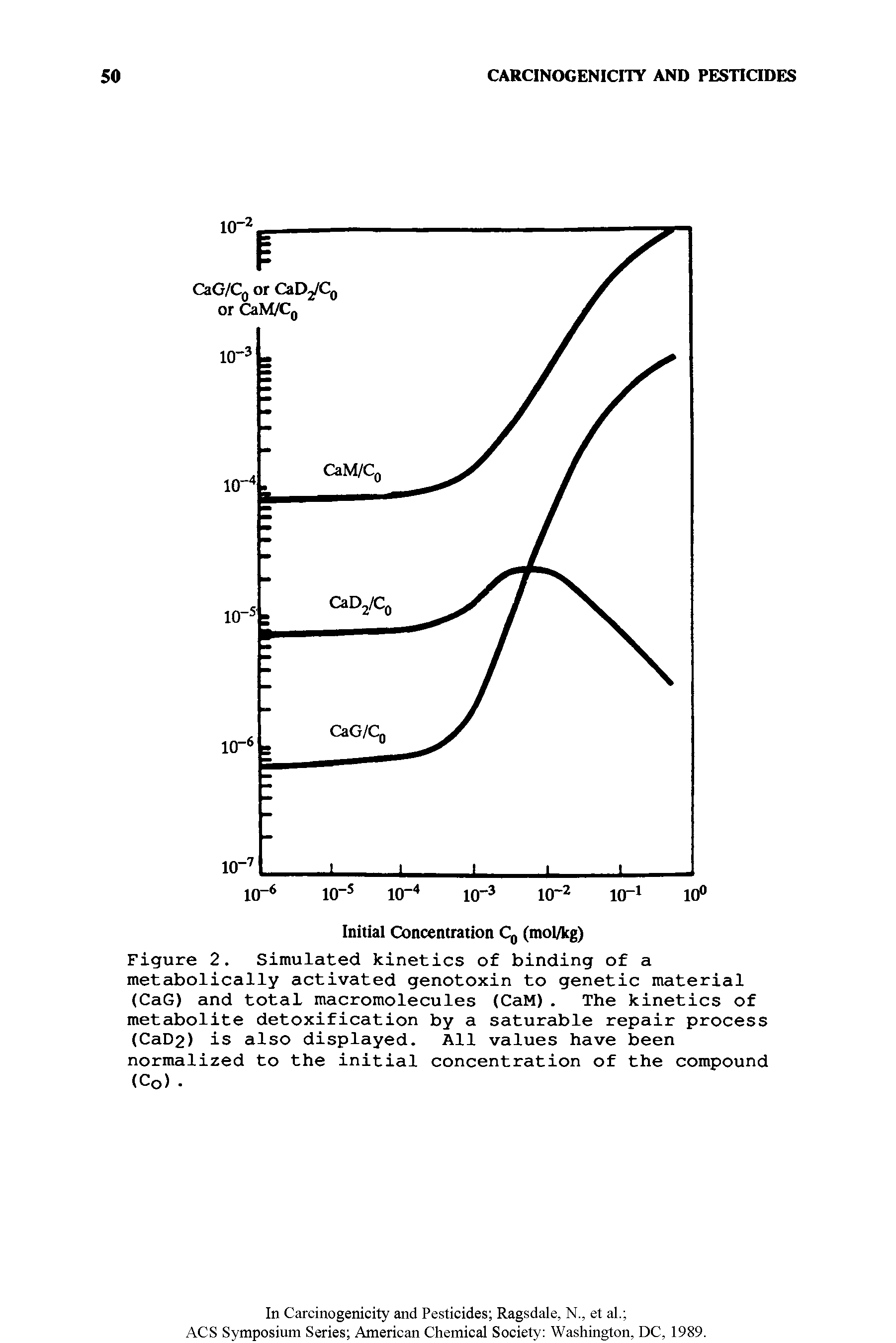 Figure 2. Simulated kinetics of binding of a metabolically activated genotoxin to genetic material (CaG) and total macromolecules (CaM). The kinetics of metabolite detoxification by a saturable repair process (CaD2) is also displayed. All values have been normalized to the initial concentration of the compound (Co). ...