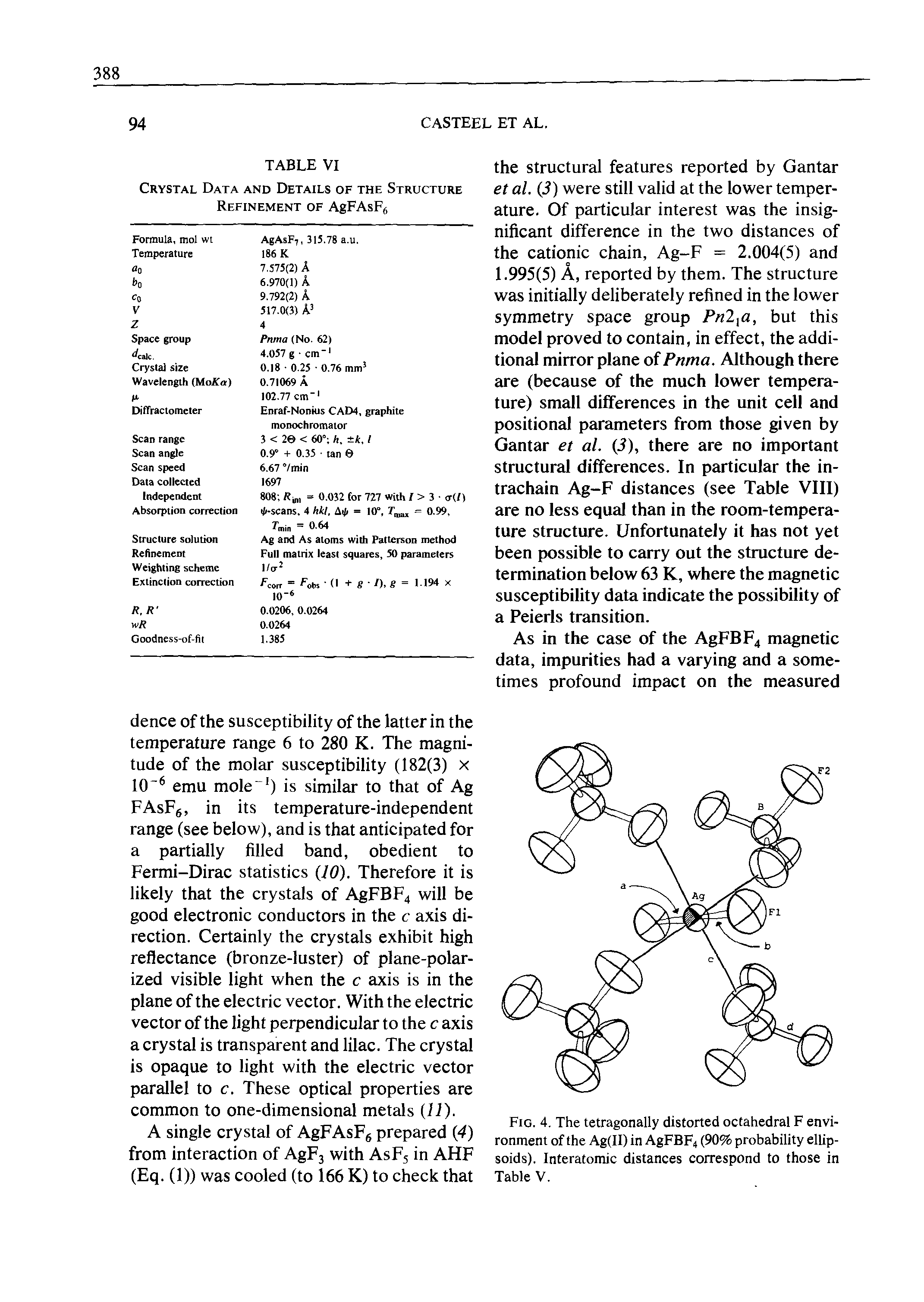 Fig. 4. The tetragonally distorted octahedral F environment of the Ag(II) in AgFBF4 (90% probability ellipsoids). Interatomic distances correspond to those in Table V.