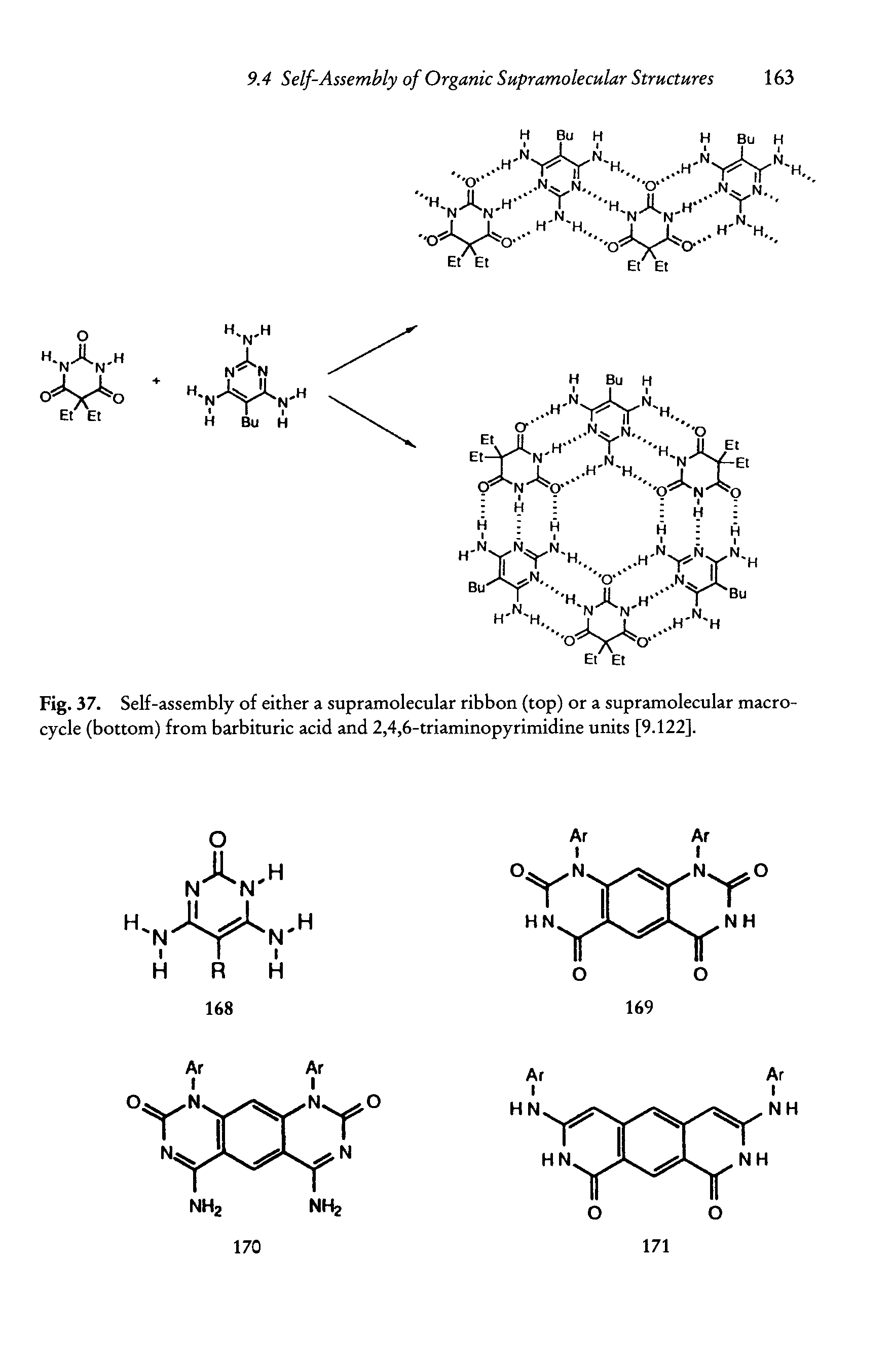 Fig. 37. Self-assembly of either a supramolecular ribbon (top) or a supramolecular macrocycle (bottom) from barbituric acid and 2,4,6-triaminopyrimidine units [9.122].