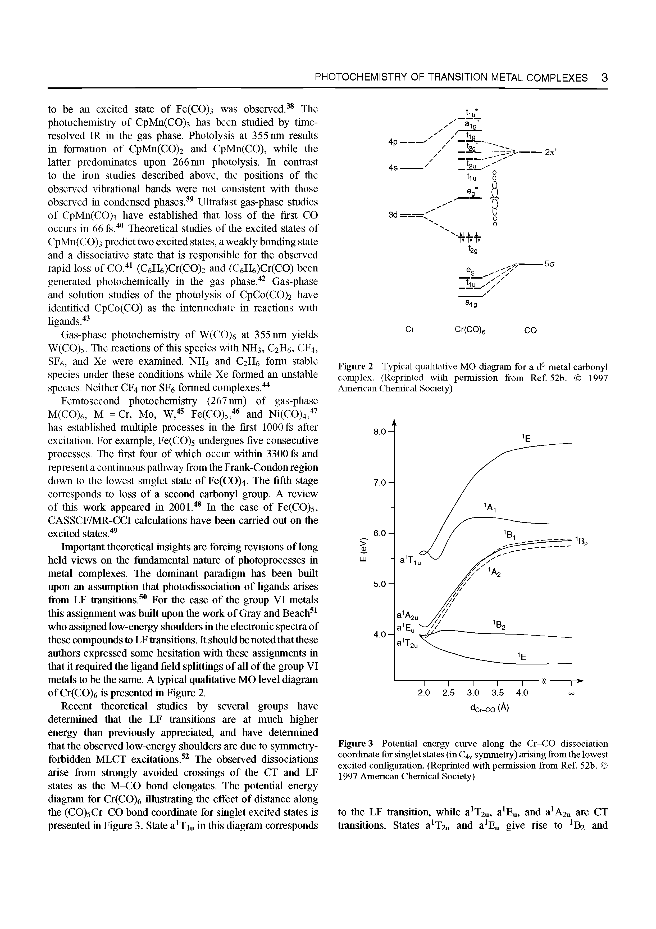 Figure 3 Potential energy curve along the Cr-CO dissociation coordinate for singlet states (in C4V symmetry) arising from the lowest excited configuration. (Reprinted with permission from Ref. 52b. 1997 American Chemical Society)...