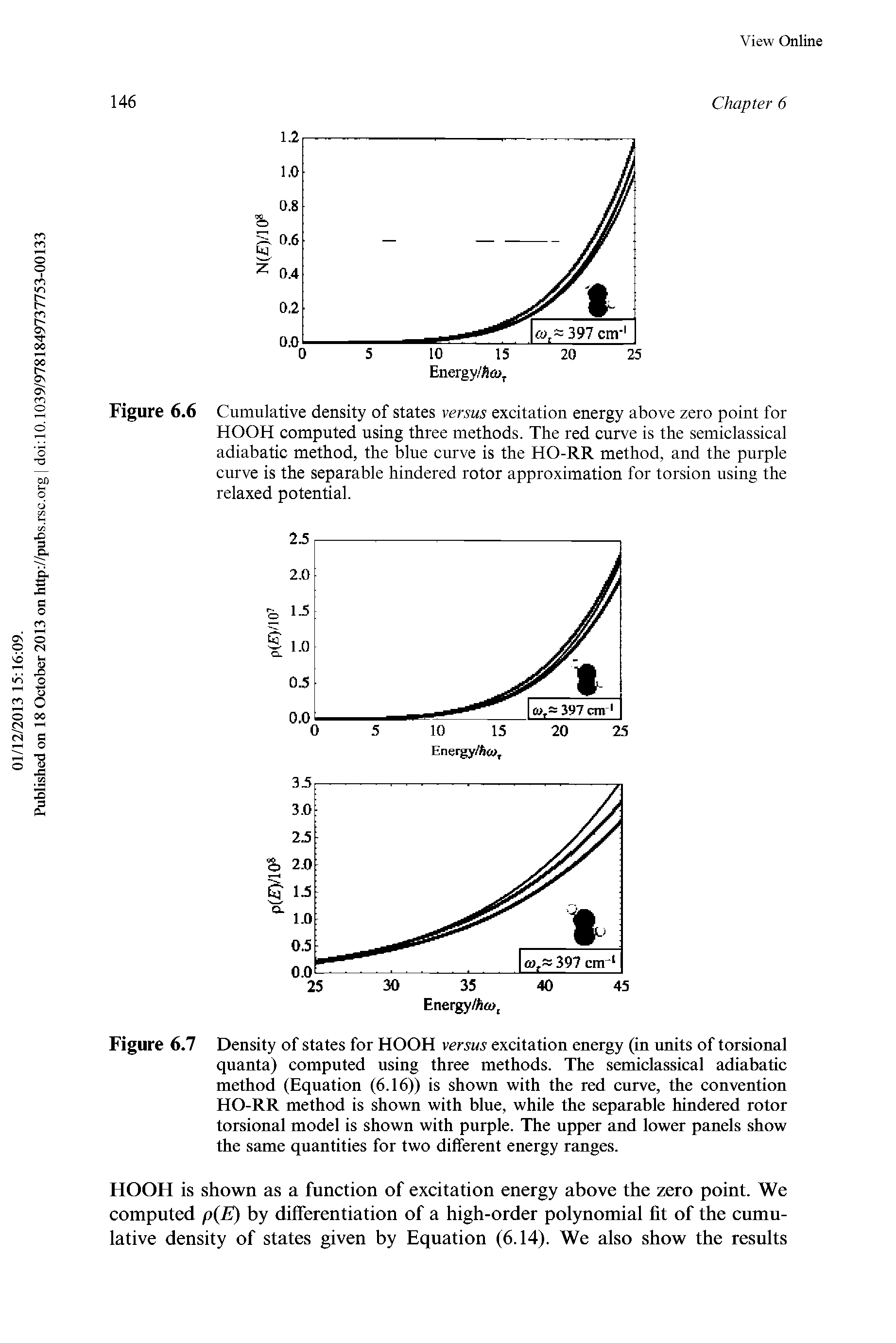 Figure 6.6 Cumulative density of states versus excitation energy above zero point for HOOH computed using three methods. The red curve is the semiclassical adiabatic method, the blue curve is the HO-RR method, and the purple curve is the separable hindered rotor approximation for torsion using the relaxed potential.