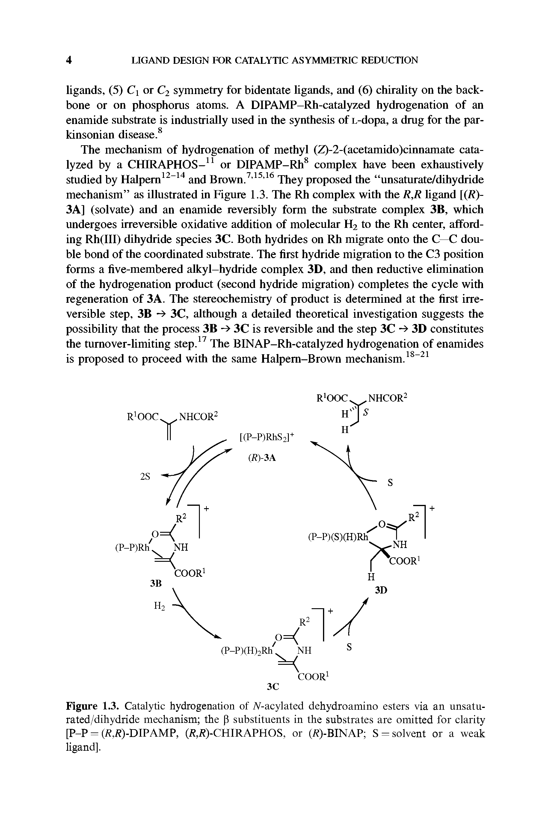 Figure 1.3. Catalytic hydrogenation of A-acylated dehydroamino esters via an unsatu-rated/dihydride mechanism the p substituents in the substrates are omitted for clarity [P-P = (i ,R)-DIPAMP, (i ,i )-CHIRAPHOS, or (R)-BINAP S = solvent or a weak ligand].