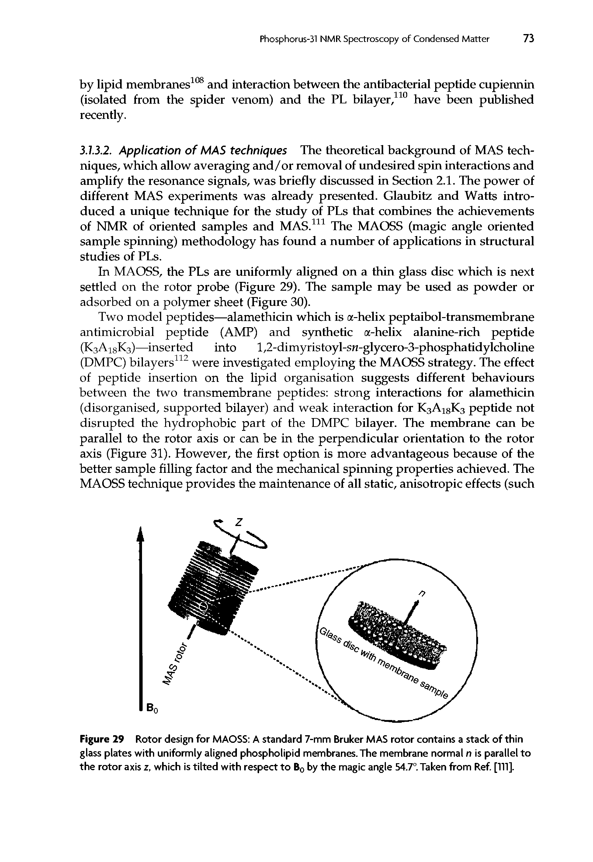 Figure 29 Rotor design for MAOSS A standard 7-mm Bruker MAS rotor contains a stack of thin glass plates with uniformly aligned phospholipid membranes. The membrane normal n is parallel to the rotor axis z, which is tilted with respect to B0 by the magic angle 54.7°. Taken from Ref. [111].