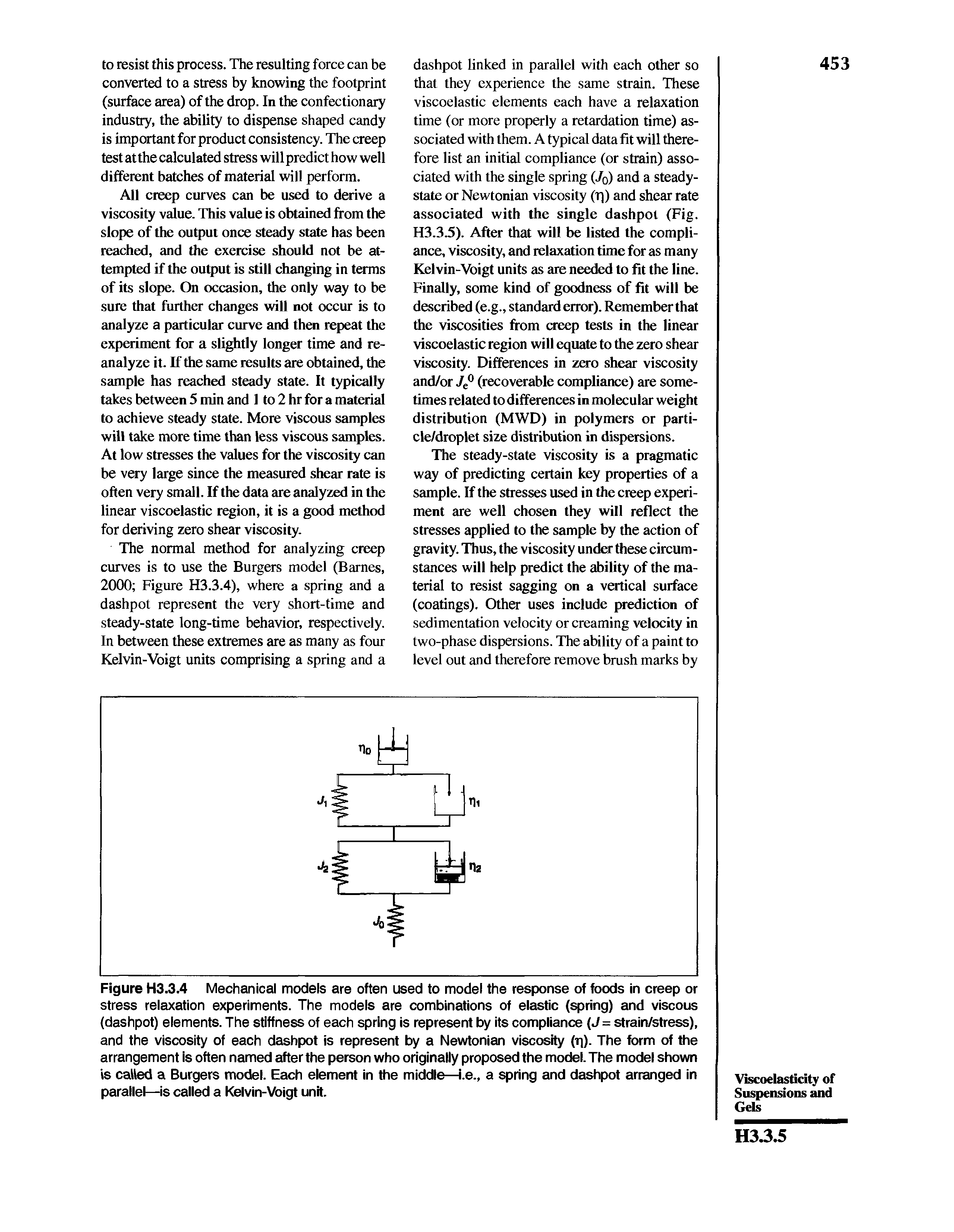 Figure H3.3.4 Mechanical models are often used to model the response of foods in creep or stress relaxation experiments. The models are combinations of elastic (spring) and viscous (dashpot) elements. The stiffness of each spring is represent by its compliance (J= strain/stress), and the viscosity of each dashpot is represent by a Newtonian viscosity (ri). The form of the arrangement is often named after the person who originally proposed the model. The model shown is called a Burgers model. Each element in the middle—i.e., a spring and dashpot arranged in parallel—is called a Kelvin-Voigt unit.