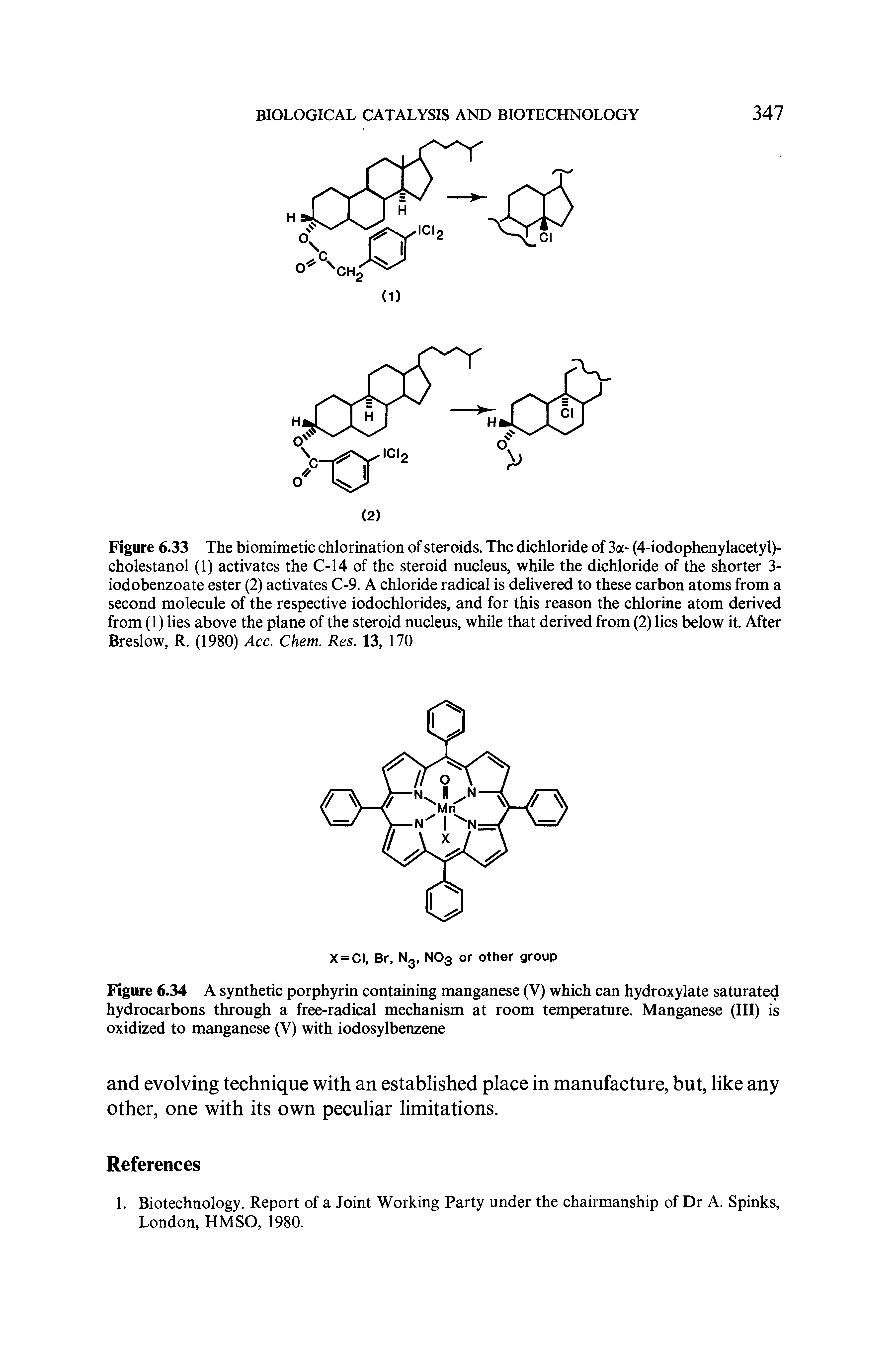 Figure 6.34 A synthetic porphyrin containing manganese (V) which can hydroxylate saturated hydrocarbons through a free-radical mechanism at room temperature. Manganese (III) is oxidized to manganese (V) with iodosylbenzene...