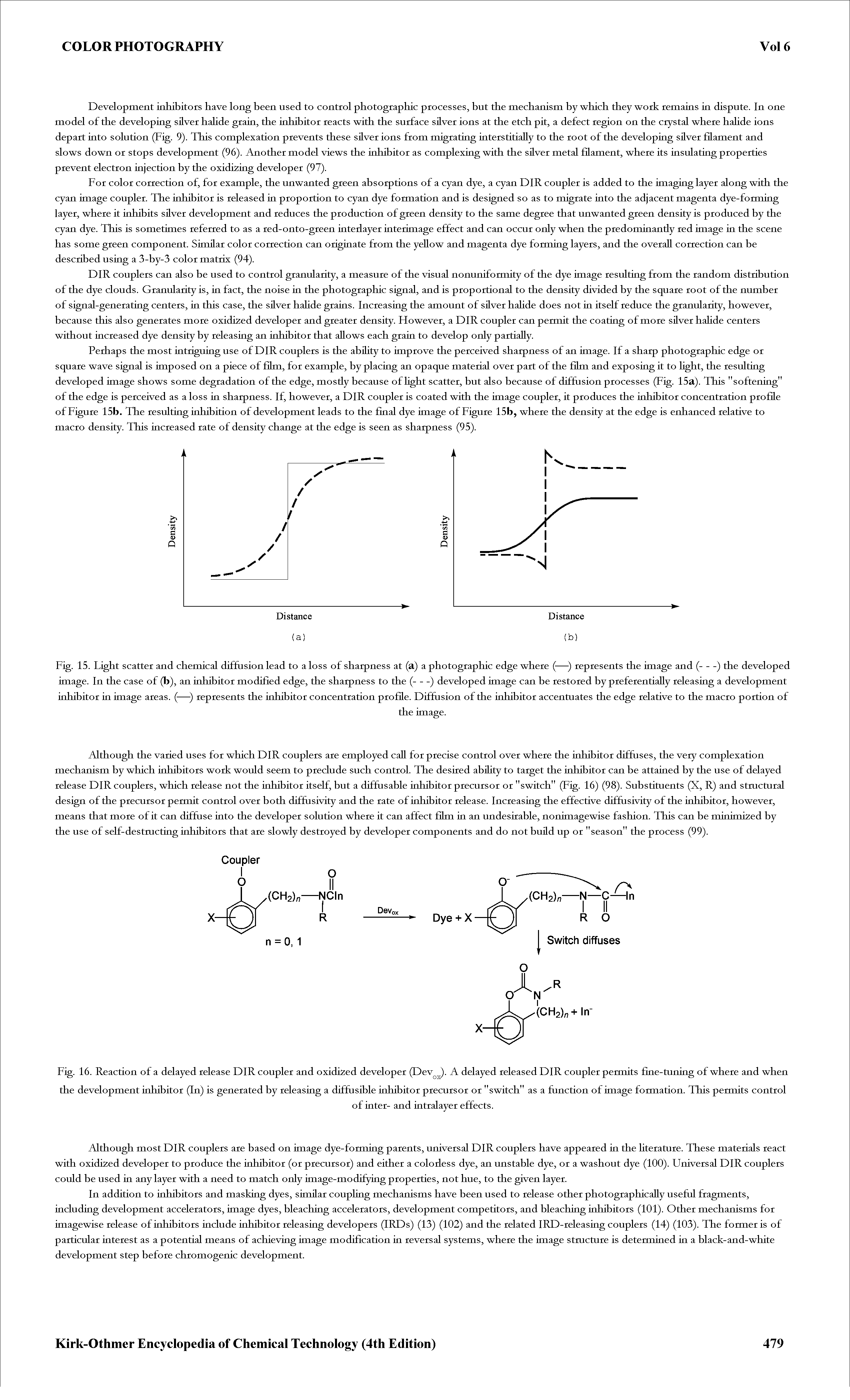 Fig. 16. Reaction of a delayed release DIR coupler and oxidized developer (Dev ). A delayed released DIR coupler permits fine-tuning of where and when the development inhibitor (In) is generated by releasing a diffusible inhibitor precursor or "switch" as a function of image formation. This permits control...