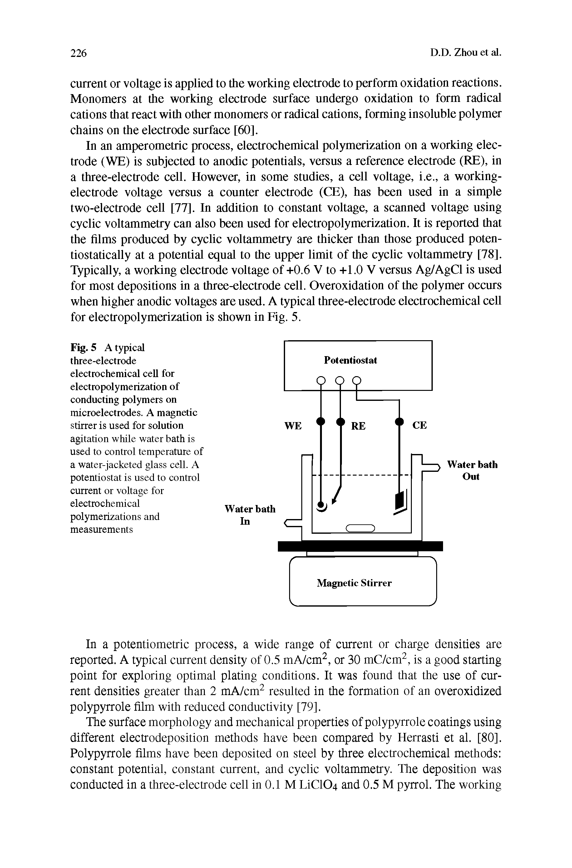 Fig. 5 A typical three-electrode electrochemical cell for electropolymerization of conducting polymers on microelectrodes. A magnetic stirrer is used for solution agitation while water bath is used to control temperature of a water-jacketed glass cell. A potentiostat is used to control current or voltage for electrochemical polymerizations and measurements...