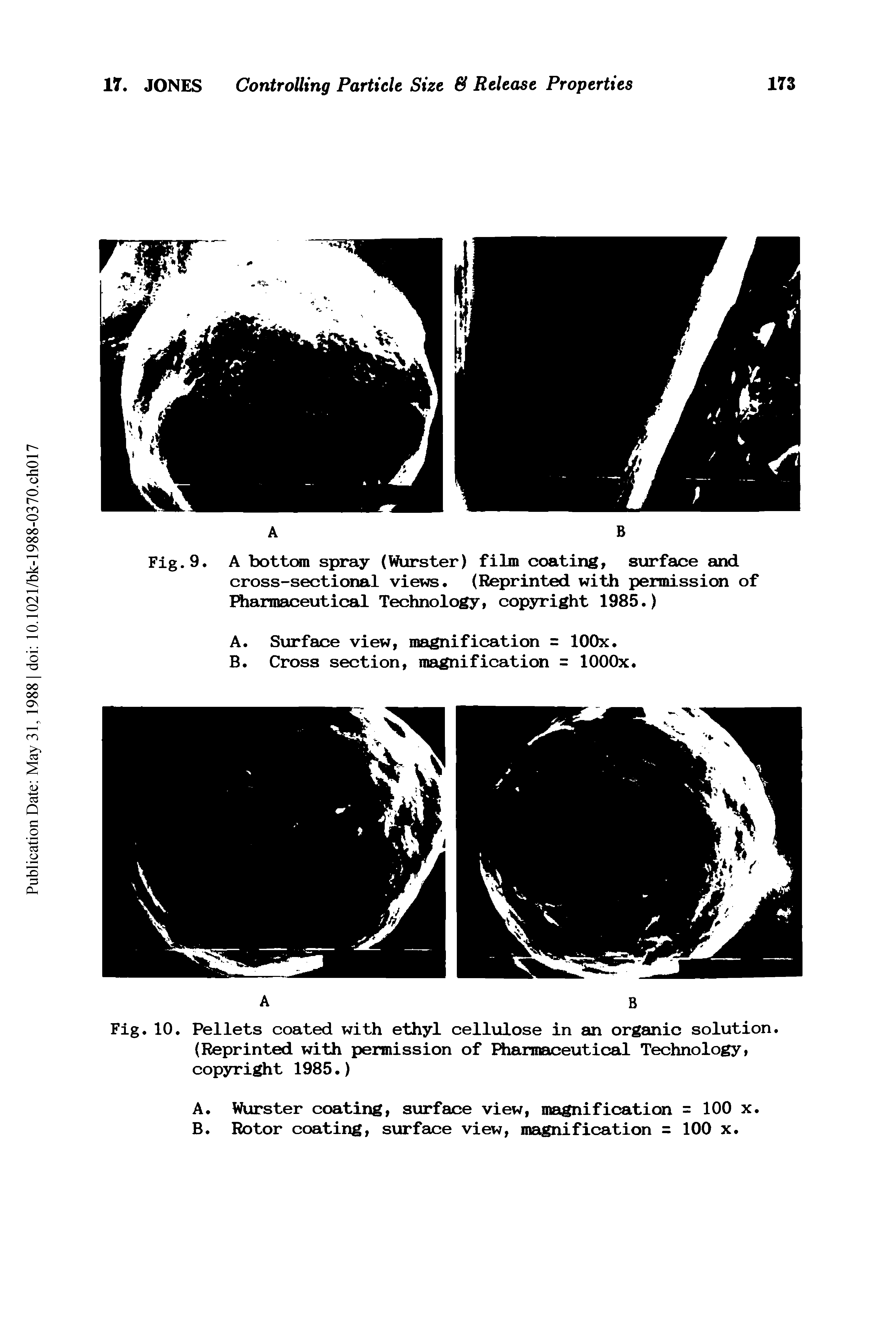 Fig. 10. Pellets coated with ethyl cellulose in an organic solution. (Reprinted with permission of Pharmaceutical Technology, copyright 1985.)...
