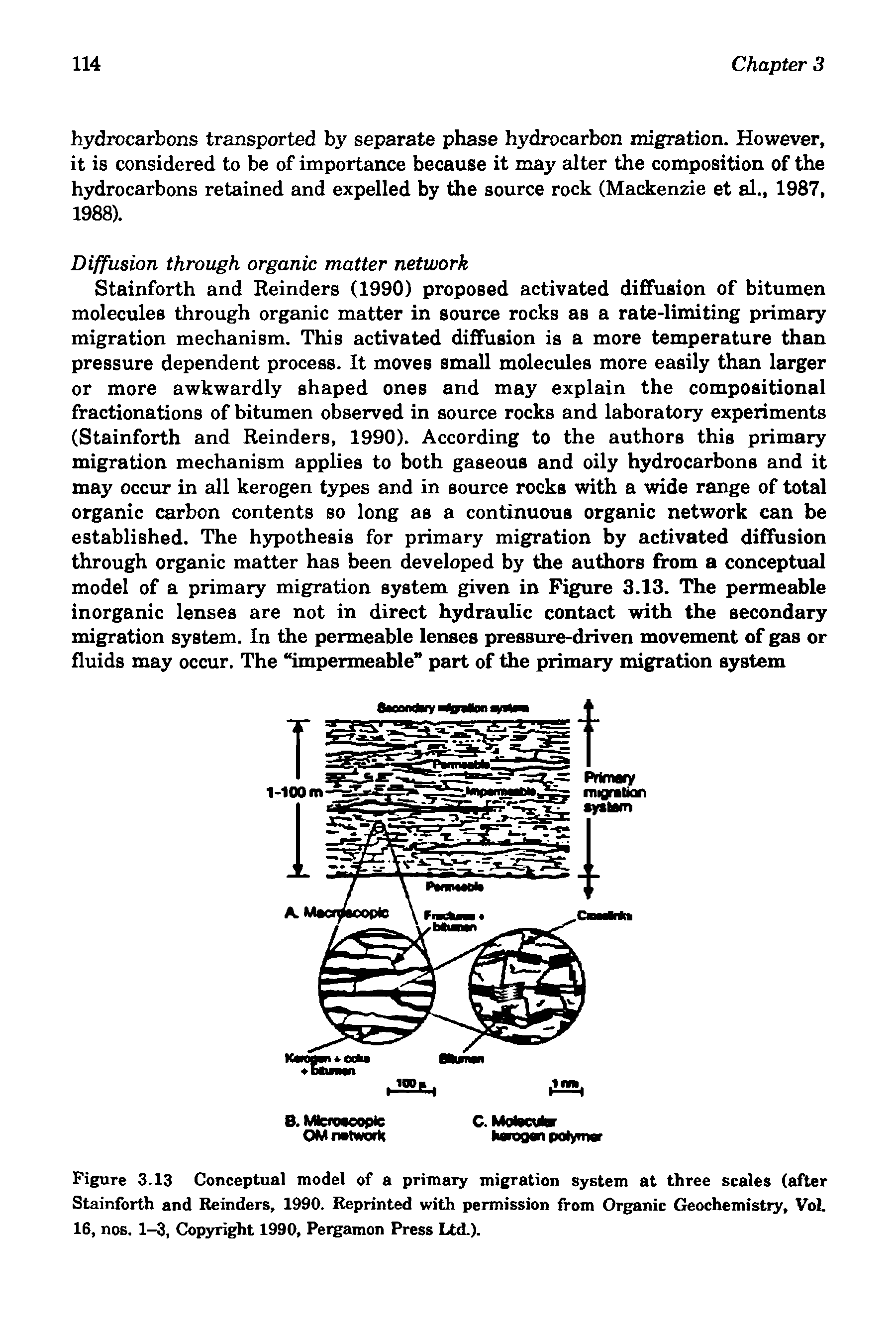 Figure 3.13 Conceptual model of a primary migration system at three scales (after Stainforth and Reinders, 1990. Reprinted with permission from Organic Geochemistry, Vol. 16, nos. 1-3, Copyright 1990, Peigamon Press Ltd.).