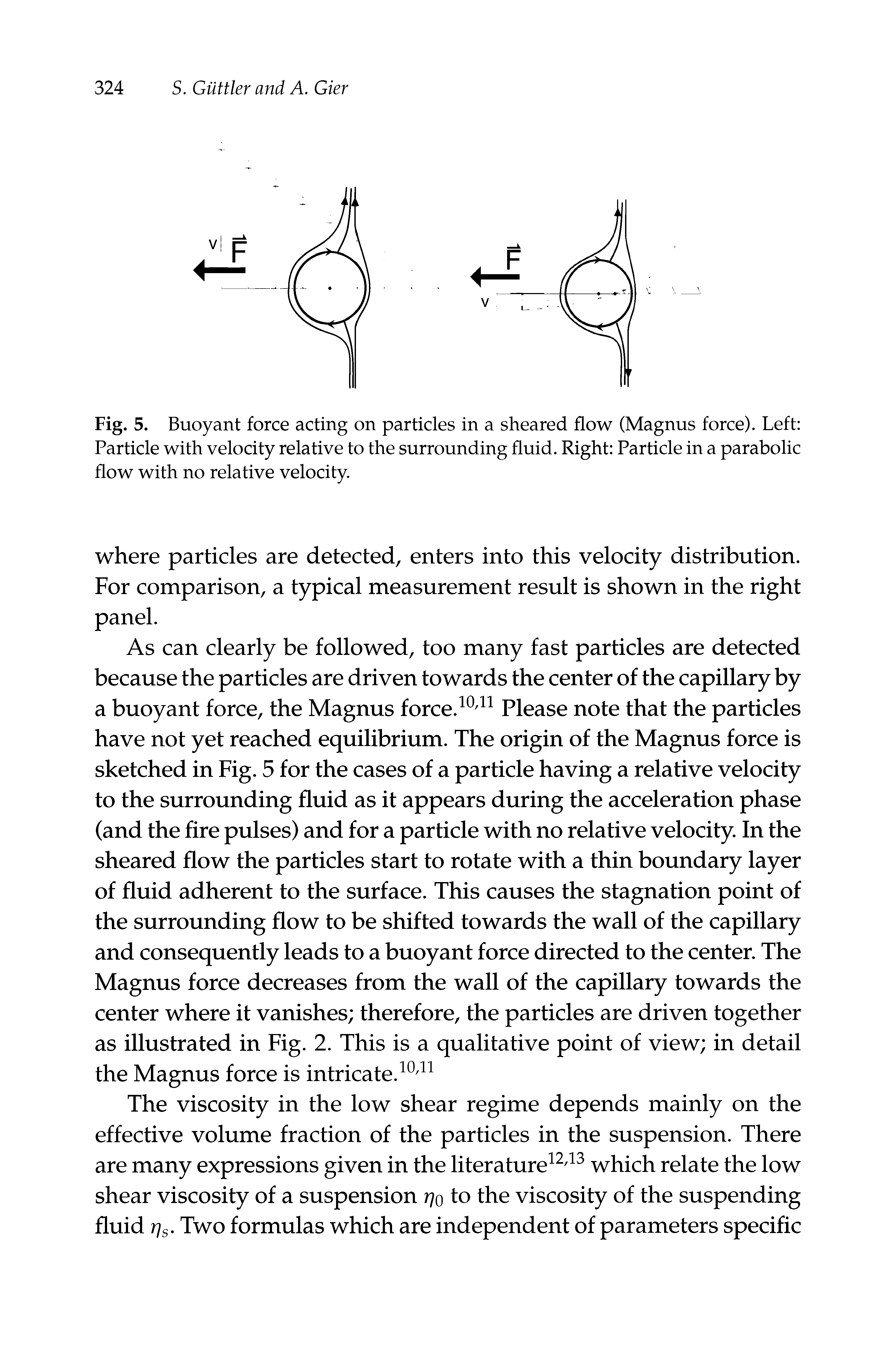 Fig. 5. Buoyant force acting on particles in a sheared flow (Magnus force). Left Particle with velocity relative to the surrounding fluid. Right Particle in a parabolic flow with no relative velocity.