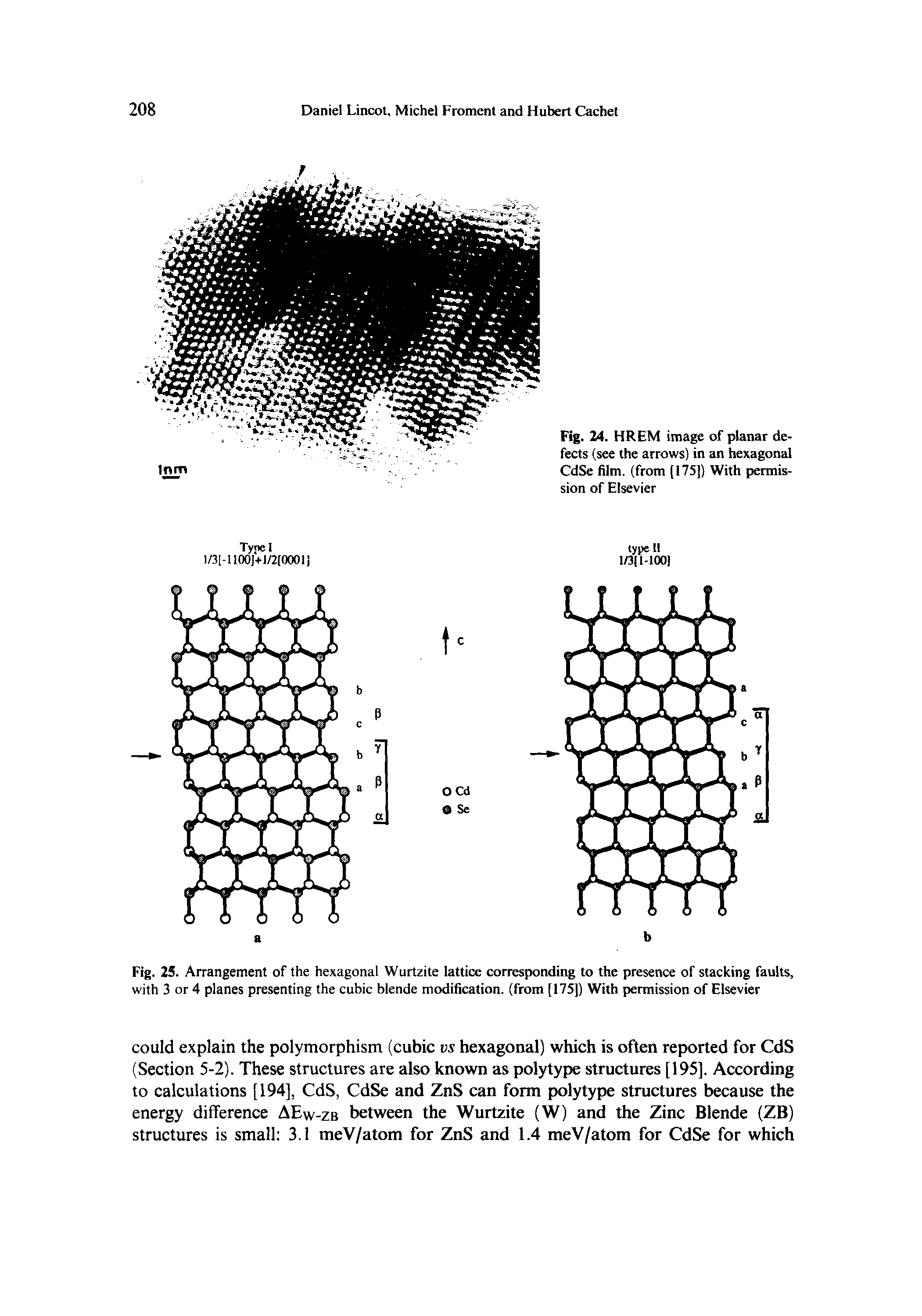 Fig. 25. Arrangement of the hexagonal Wurtzite lattice corresponding to the presence of stacking faults, with 3 or 4 planes presenting the cubic blende modification, (from [175]) With permission of Elsevier...