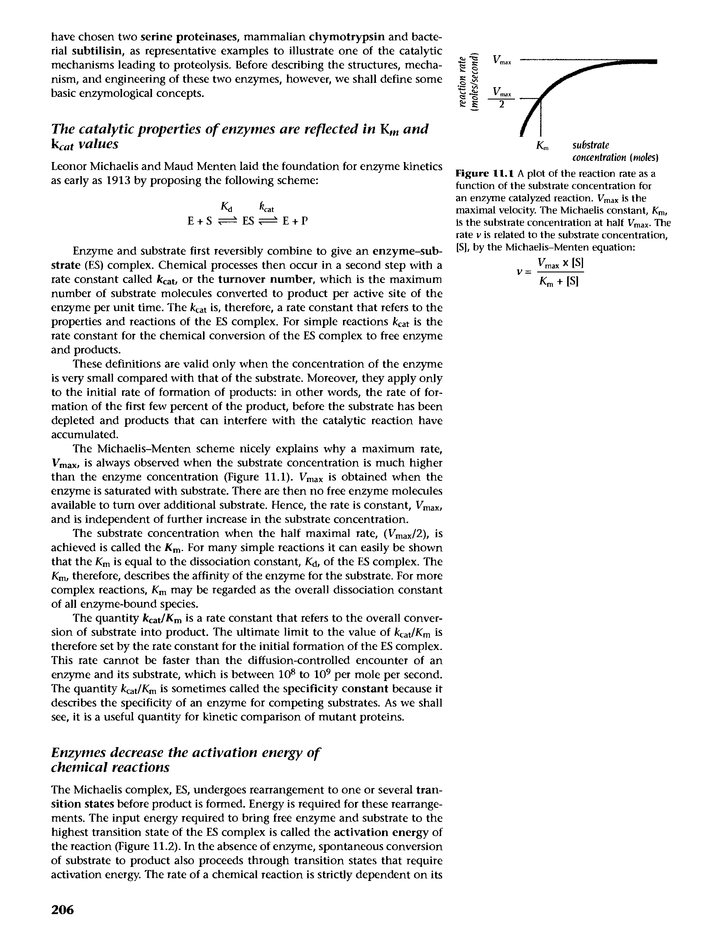 Figure 11.1 A plot of the reaction rate as a function of the substrate concentration for an enzyme catalyzed reaction. Vmax is the maximal velocity. The Michaelis constant. Km, is the substrate concentration at half Vmax- The rate v is related to the substrate concentration, [S], by the Michaelis-Menten equation ...