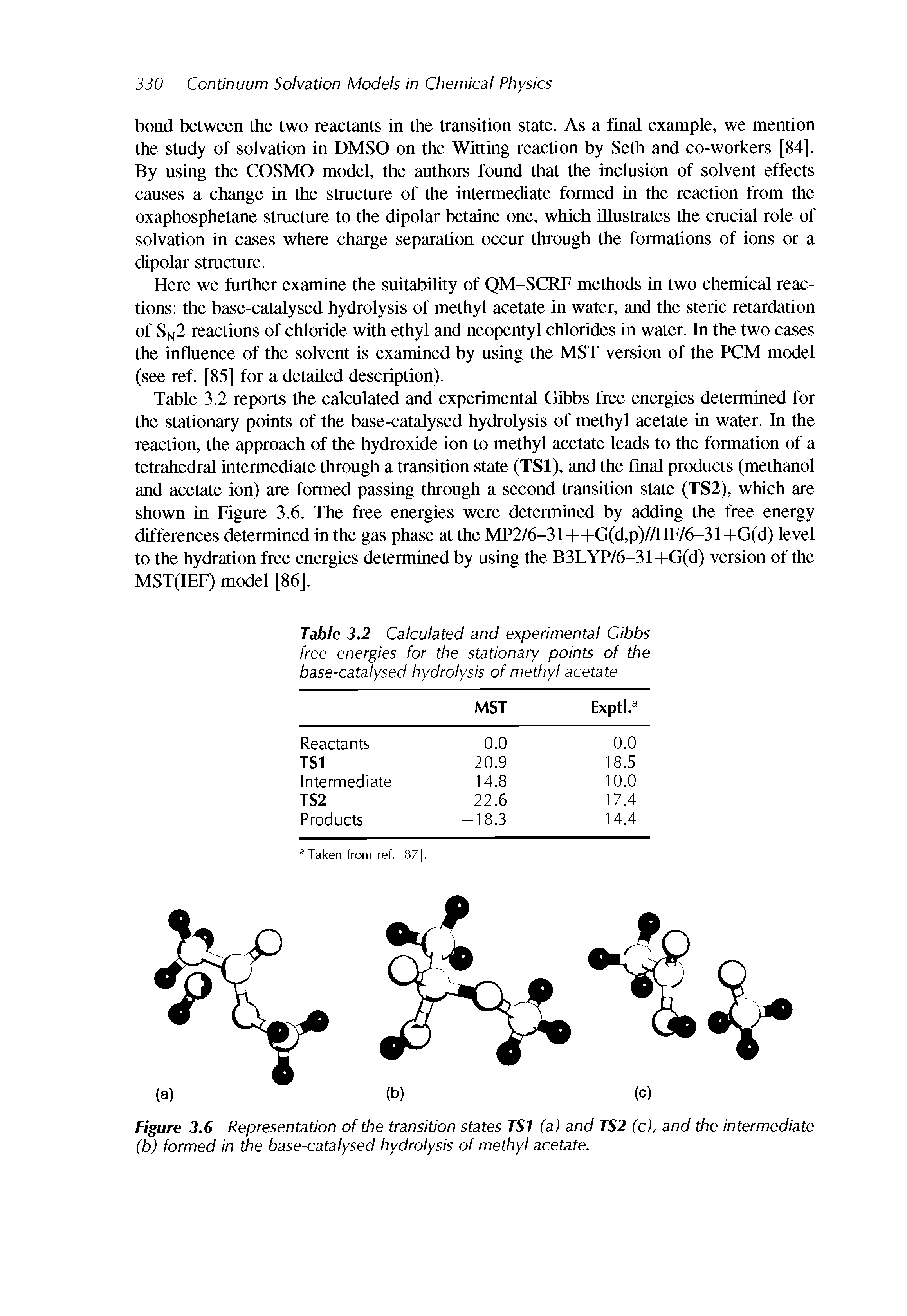 Figure 3.6 Representation of the transition states TS1 (a) and TS2 (c), and the intermediate (b) formed in the base-catalysed hydrolysis of methyl acetate.