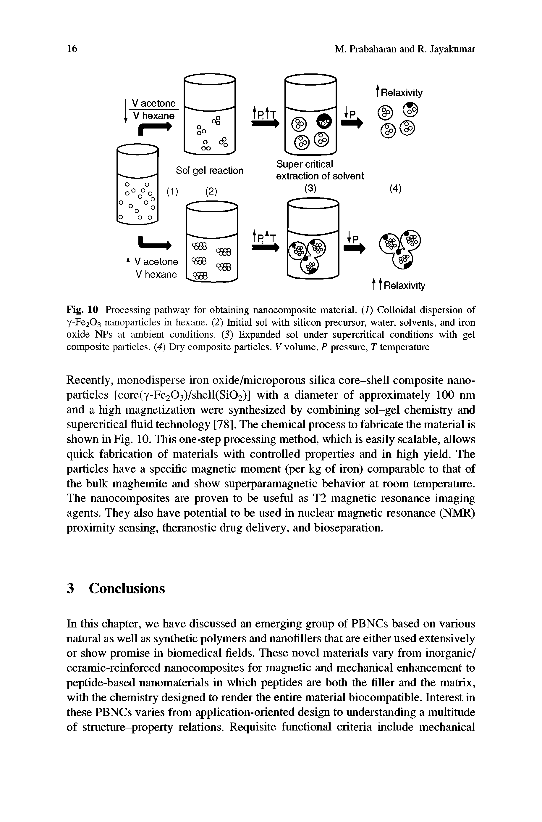 Fig. 10 Processing pathway for obtaining nanocomposite material. (1) Colloidal dispersion of y-Fe203 nanoparticles in hexane. (2) Initial sol with silicon precursor, water, solvents, and iron oxide NPs at ambient conditions, (i) Expanded sol under supercritical conditions with gel composite particles. (4) Dry composite particles. V volume, P pressure, T temperature...