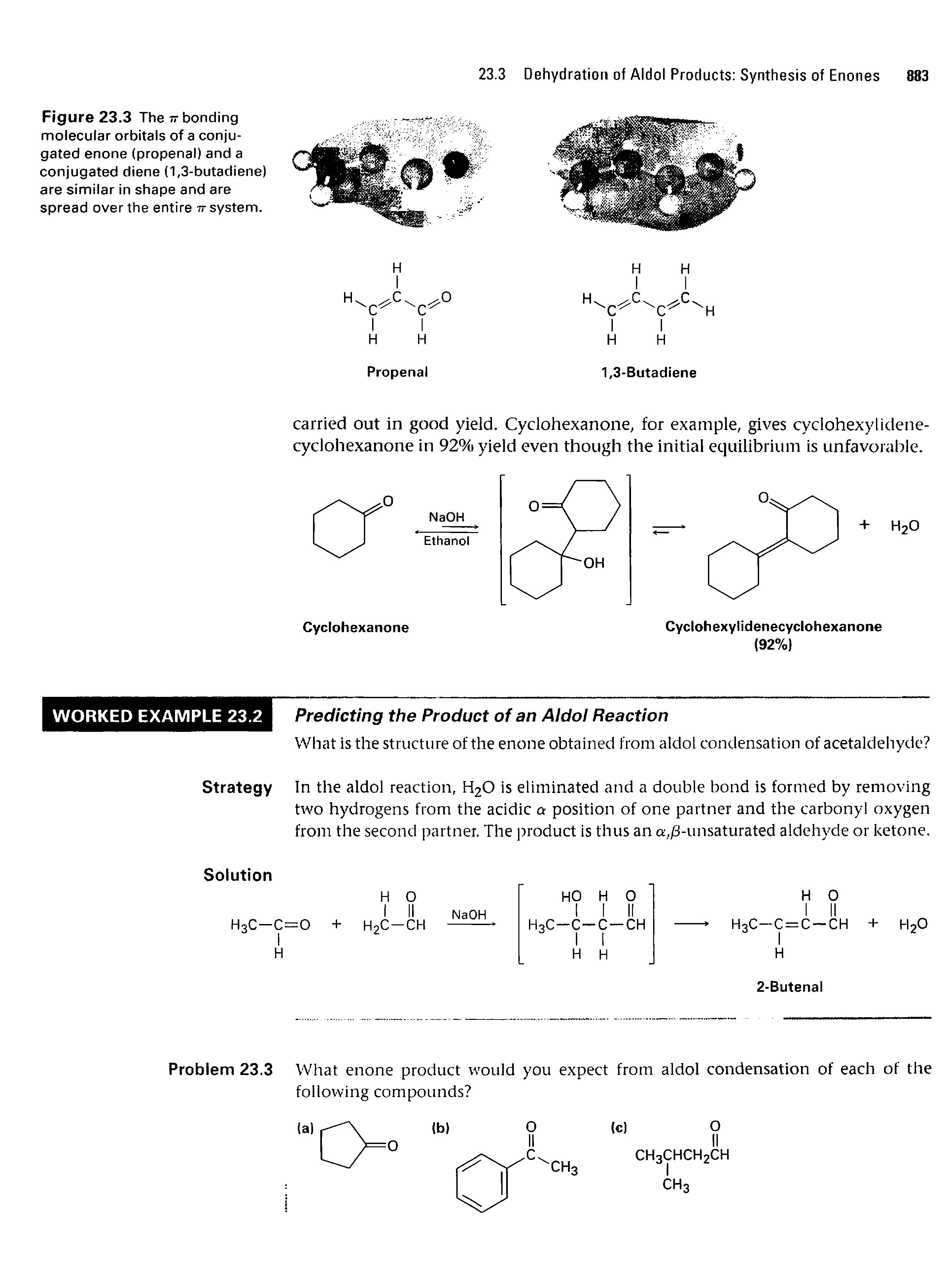 Figure 23.3 The tt bonding molecular orbitals of a conjugated enone (propenal) and a conjugated diene (1,3-butadiene) are similar in shape and are spread over the entire tt system.