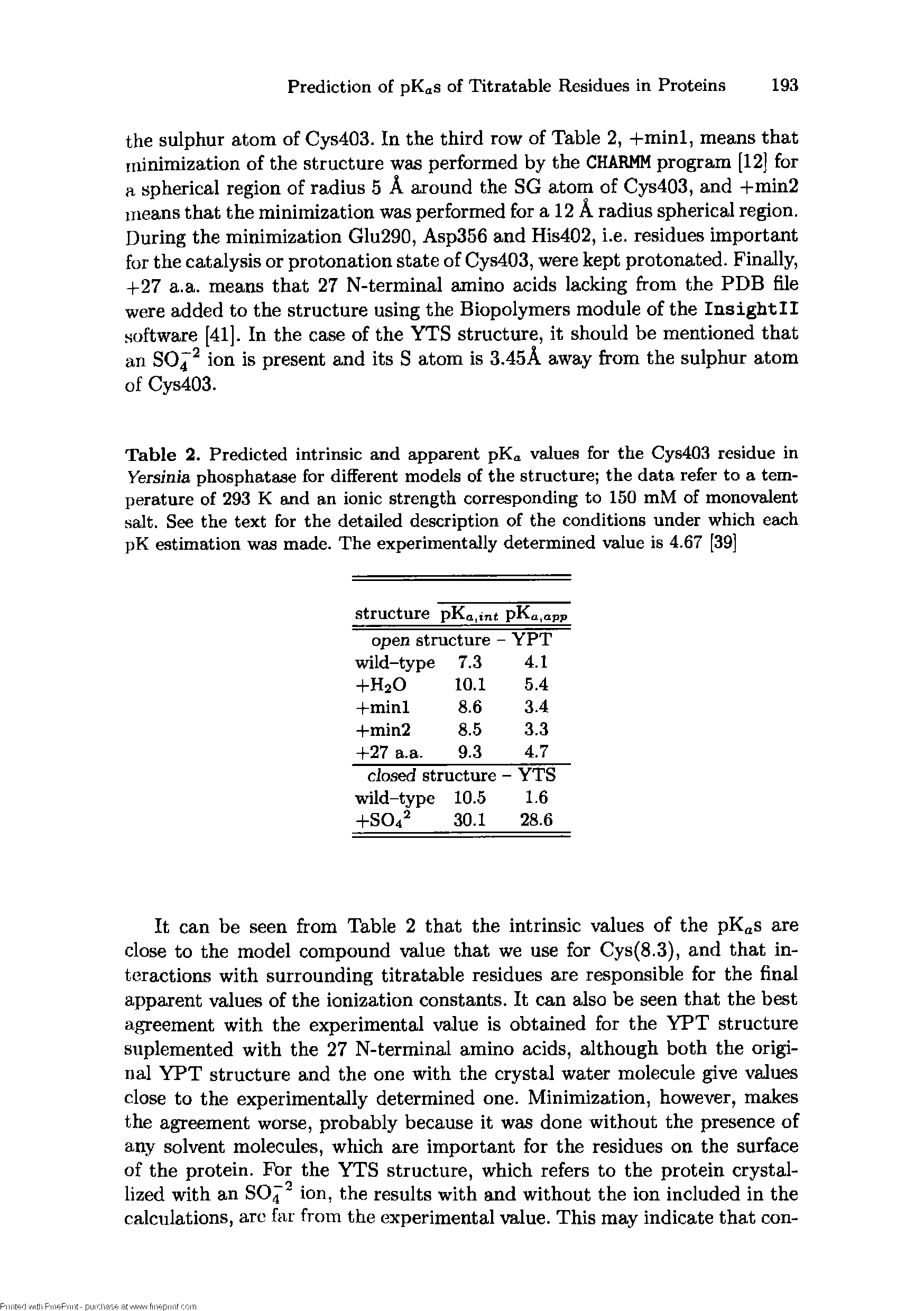 Table 2. Predicted intrinsic and apparent pKa values for the Cys403 residue in Yersinia phosphatase for different models of the structure the data refer to a temperature of 293 K and an ionic strength corresponding to 150 mM of monovalent salt. See the text for the detailed description of the conditions under which each pK estimation was made. The experimentally determined value is 4.67 [39]...