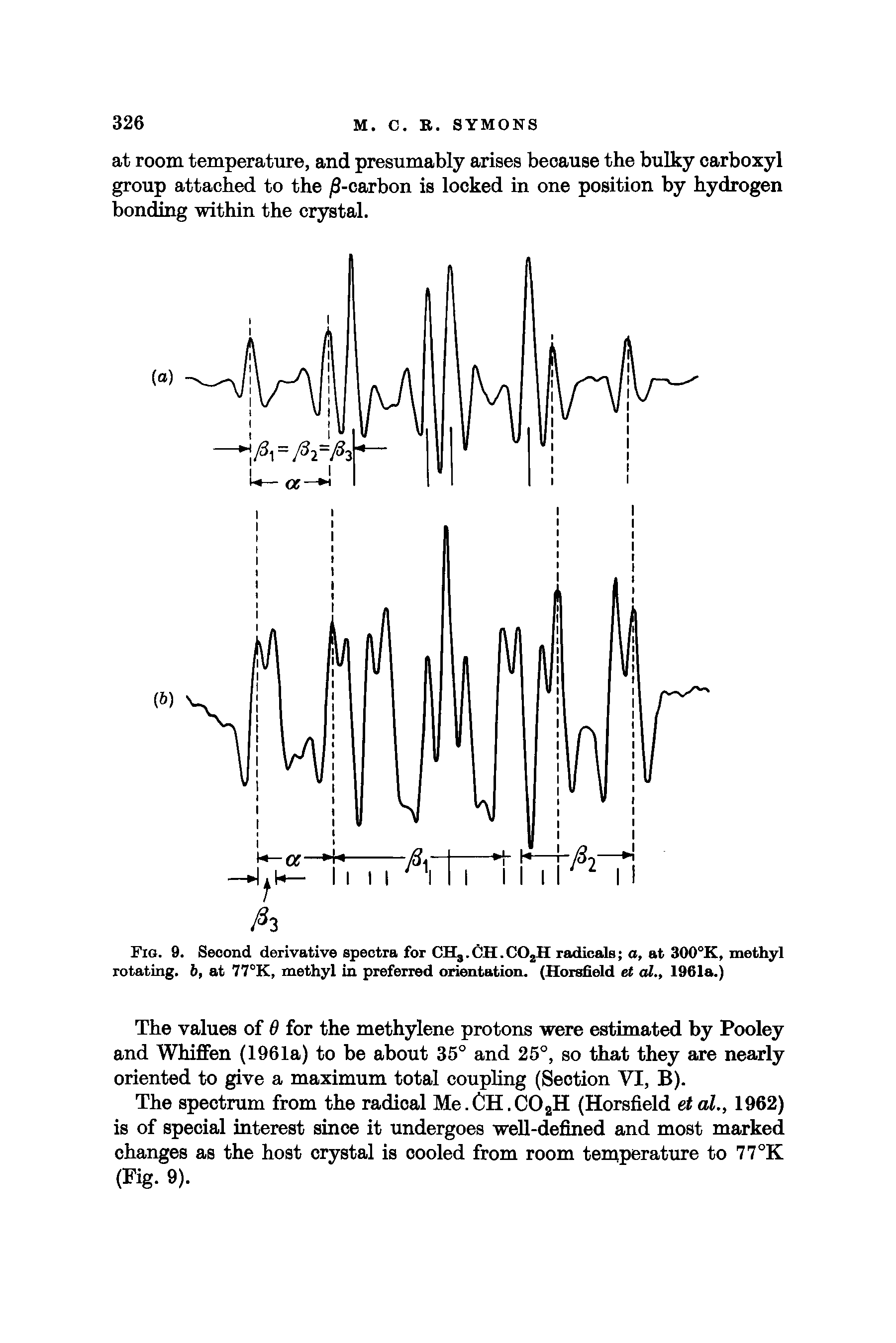 Fig. 9. Second derivative spectra for CHj.CH.C02H radicals o, at 300°K, methyl rotating, b, at 77°K, methyl in preferred orientation. (Horsfield et al., 1961a.)...