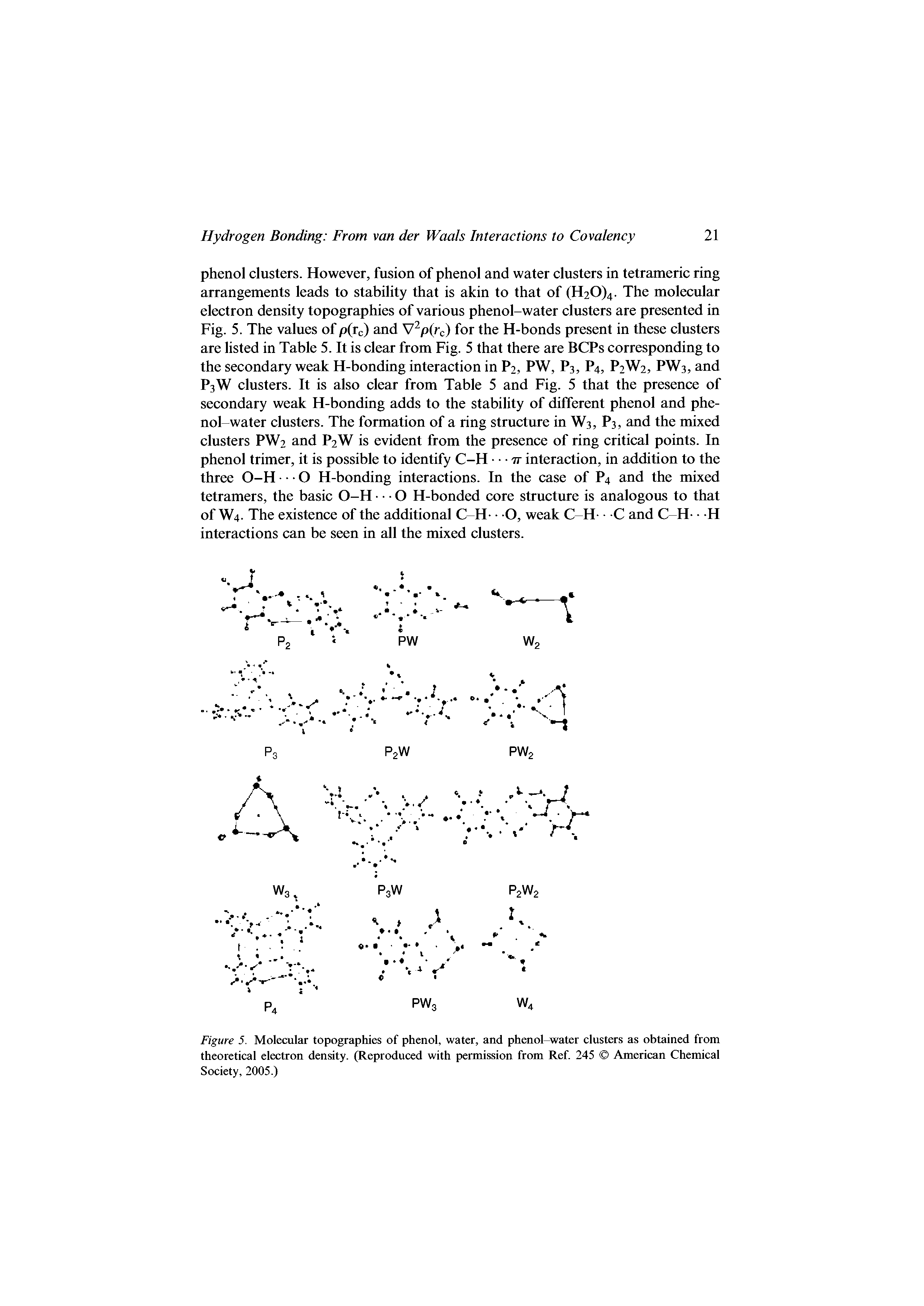Figure 5. Molecular topographies of phenol, water, and phenol-water clusters as obtained from theoretical electron density. (Reproduced with permission from Ref. 245 American Chemical Society, 2005.)...