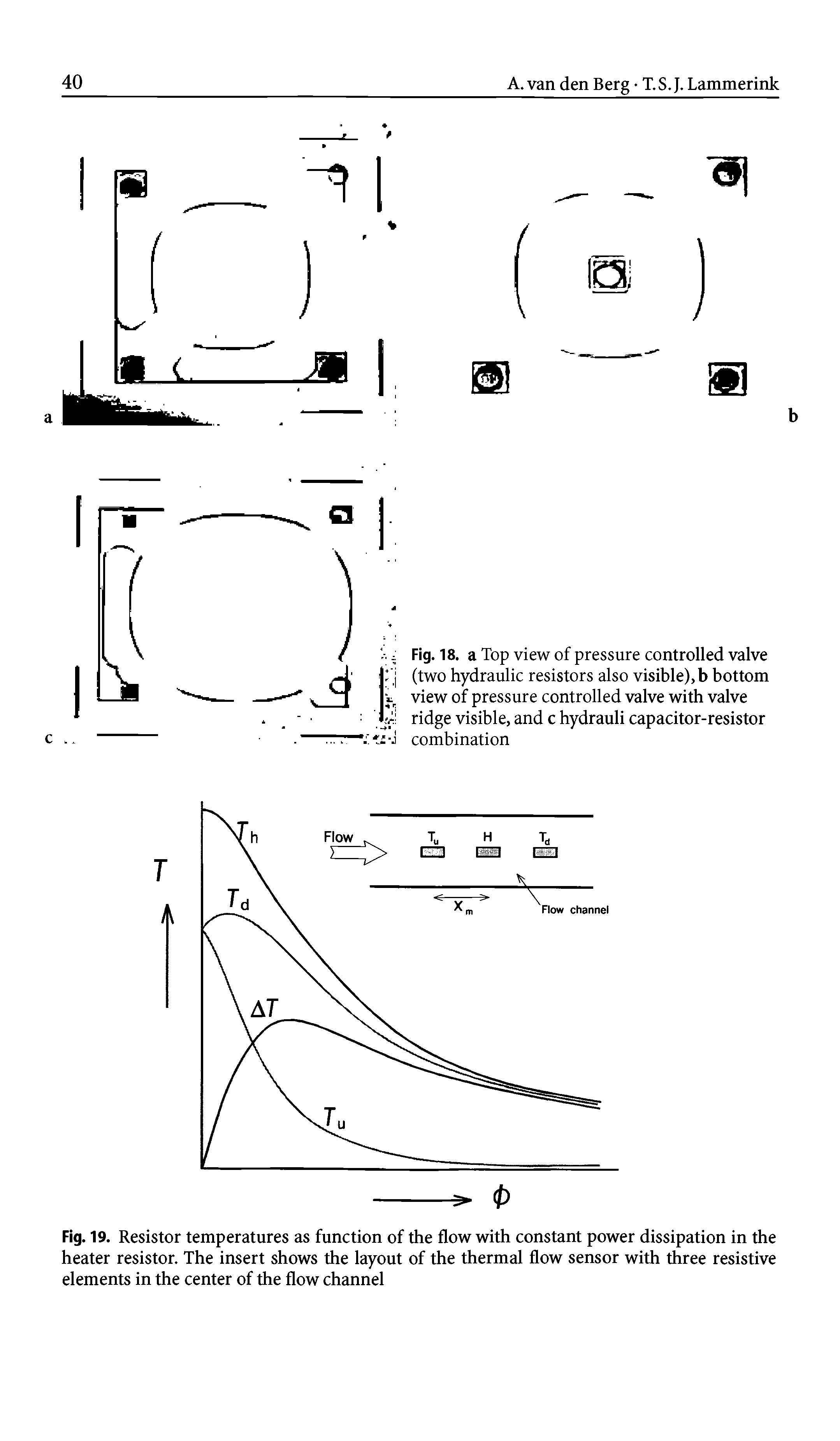 Fig. 19. Resistor temperatures as function of the flow with constant power dissipation in the heater resistor. The insert shows the layout of the thermal flow sensor with three resistive elements in the center of the flow channel...